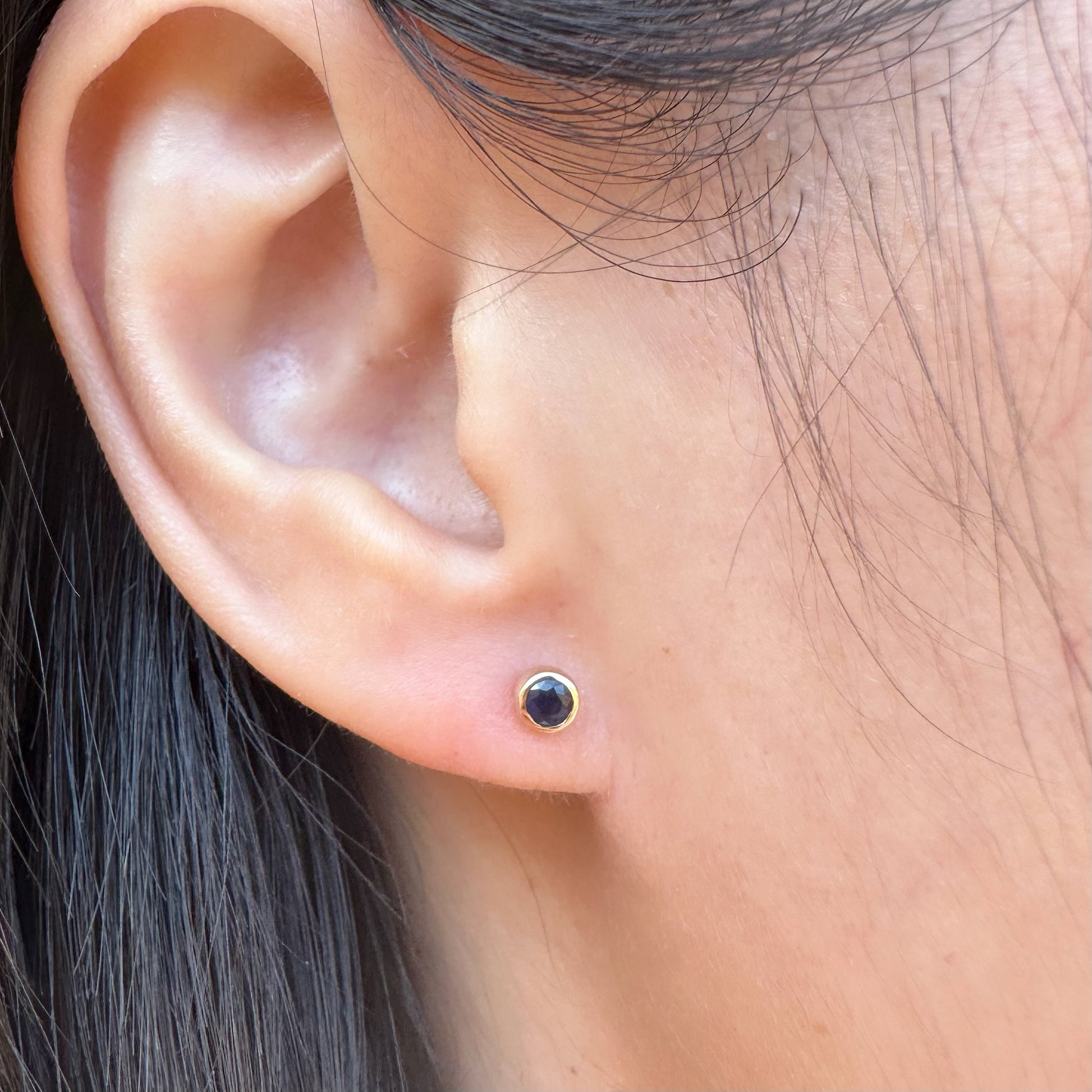 14K Solid Gold Genuine Bezel Sapphire Studs (pair)