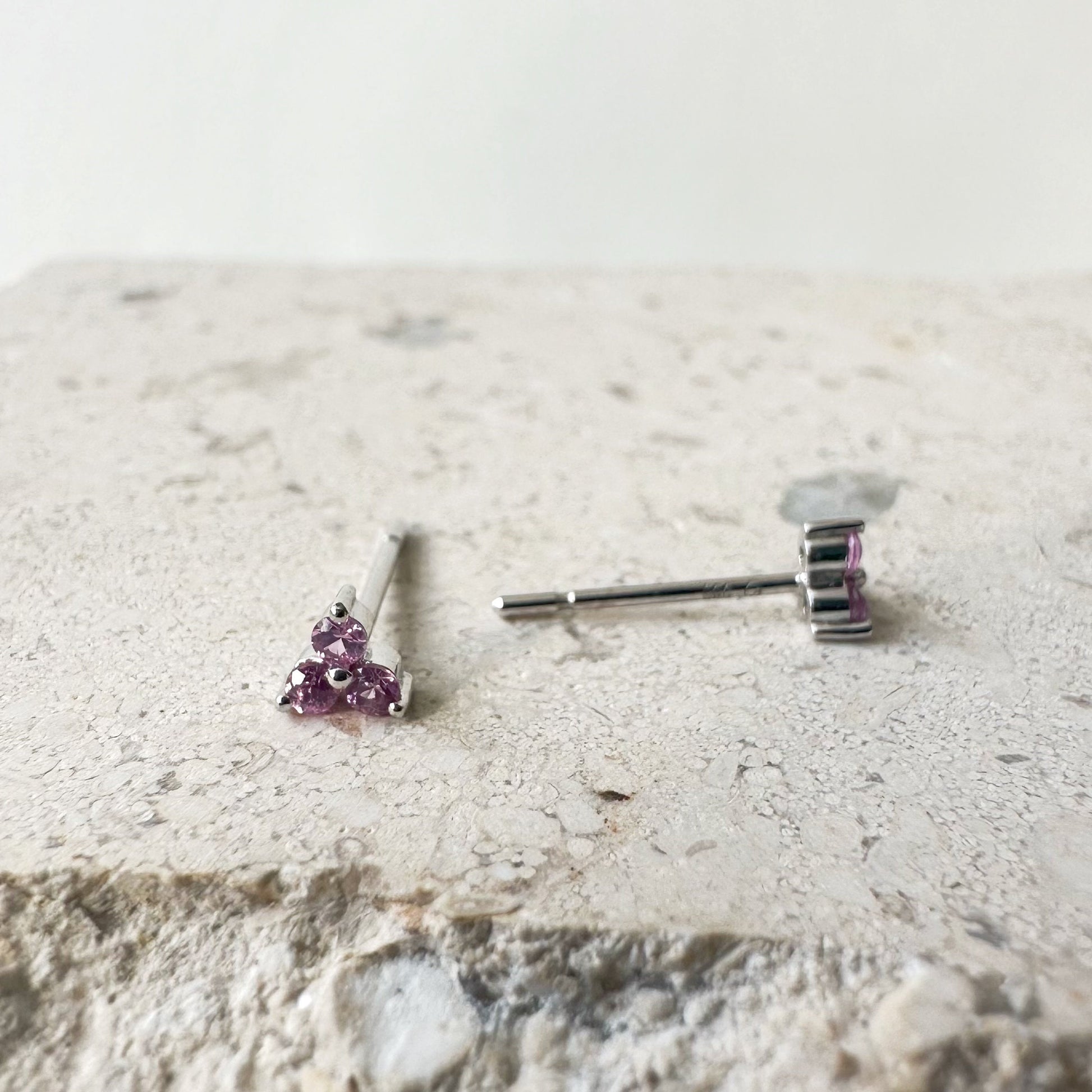 14K Solid Gold Pink/Green/Orange/Yellow Color Sapphire Trio Studs/Pair