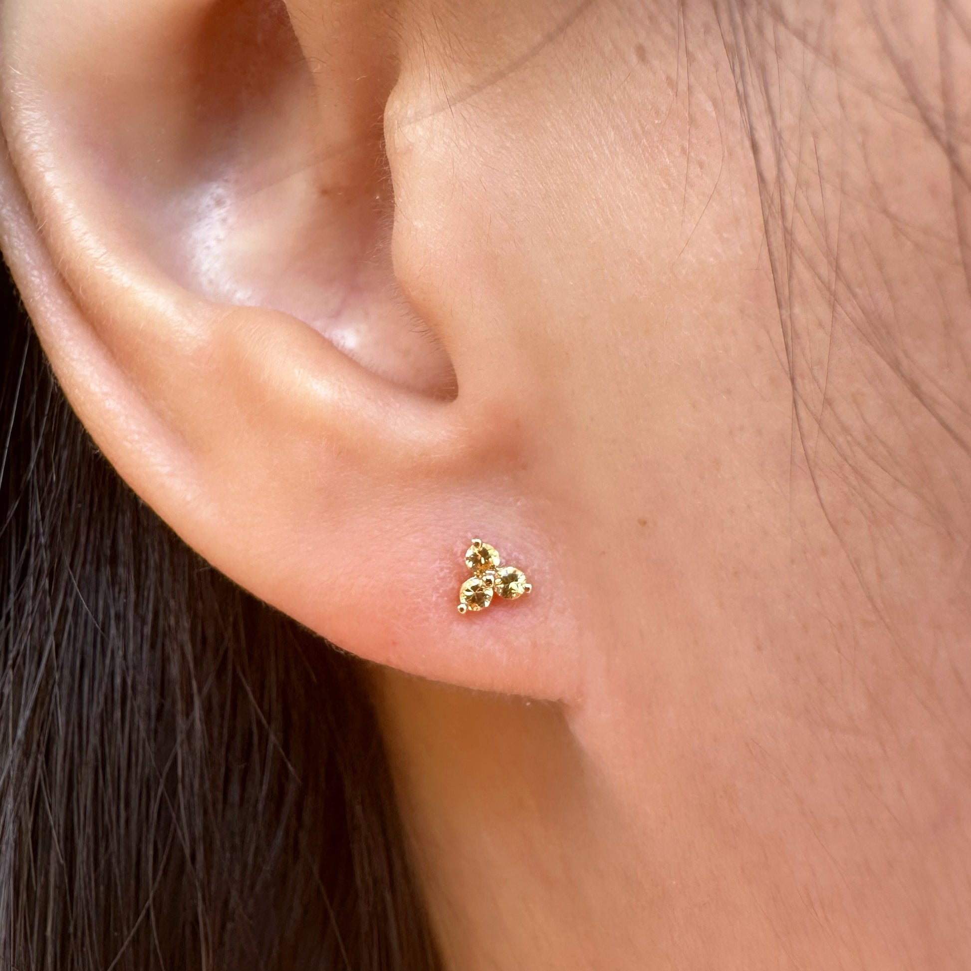 14K Solid Gold Pink/Green/Orange/Yellow Color Sapphire Trio Studs/Pair