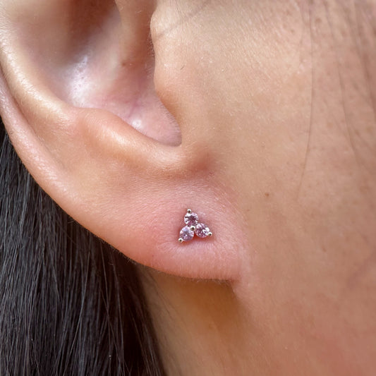 14K Solid Gold Pink/Green/Orange/Yellow Color Sapphire Trio Studs/Pair