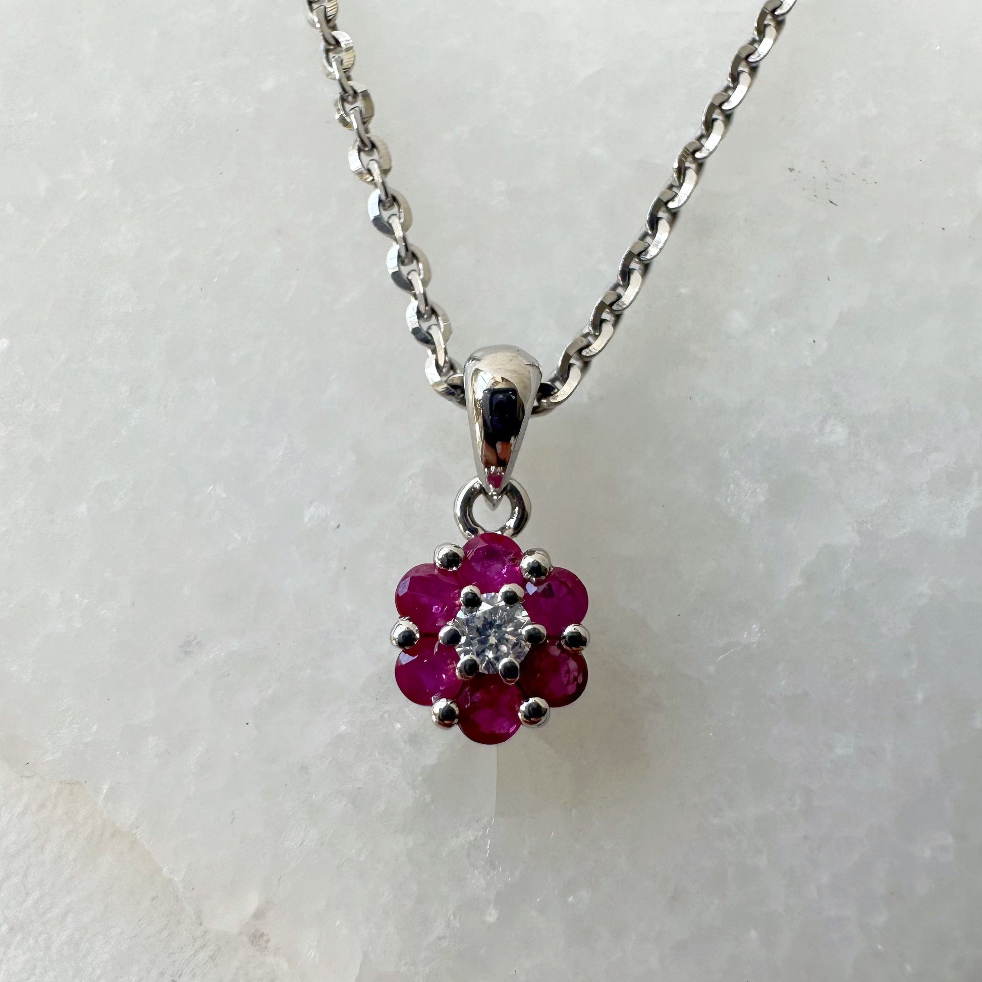 14K Solid Gold Genuine Ruby and Diamond Flower Pendant