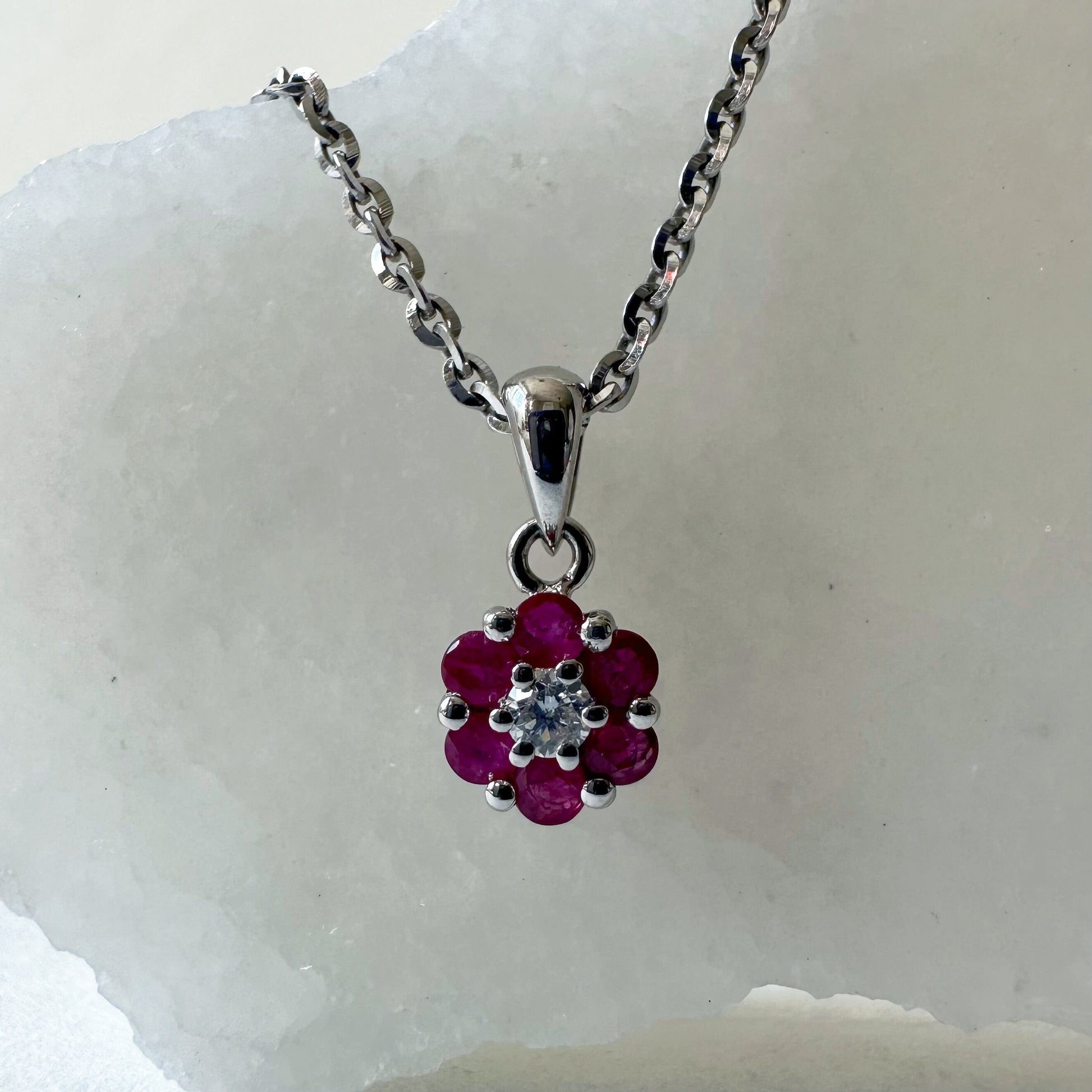 14K Solid Gold Genuine Ruby and Diamond Flower Pendant