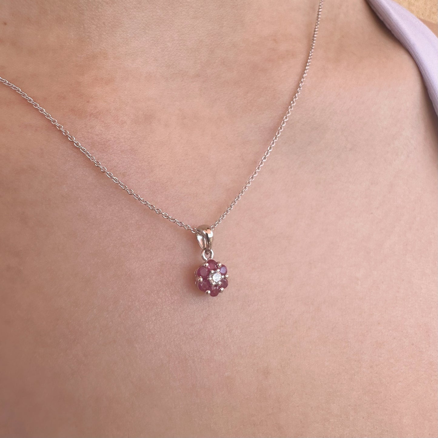 14K Solid Gold Genuine Ruby and Diamond Flower Pendant