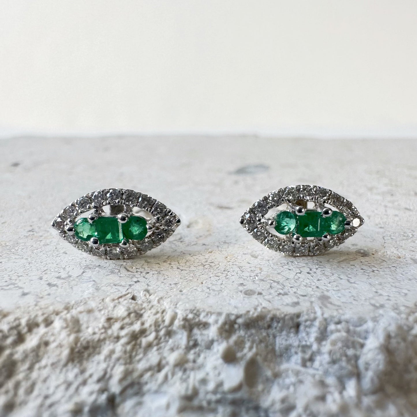 Emerald Diamond Stud Earrings 18K White Gold, Natural Emerald Studs, Marquise Halo Earrings, May Birthstone Gift