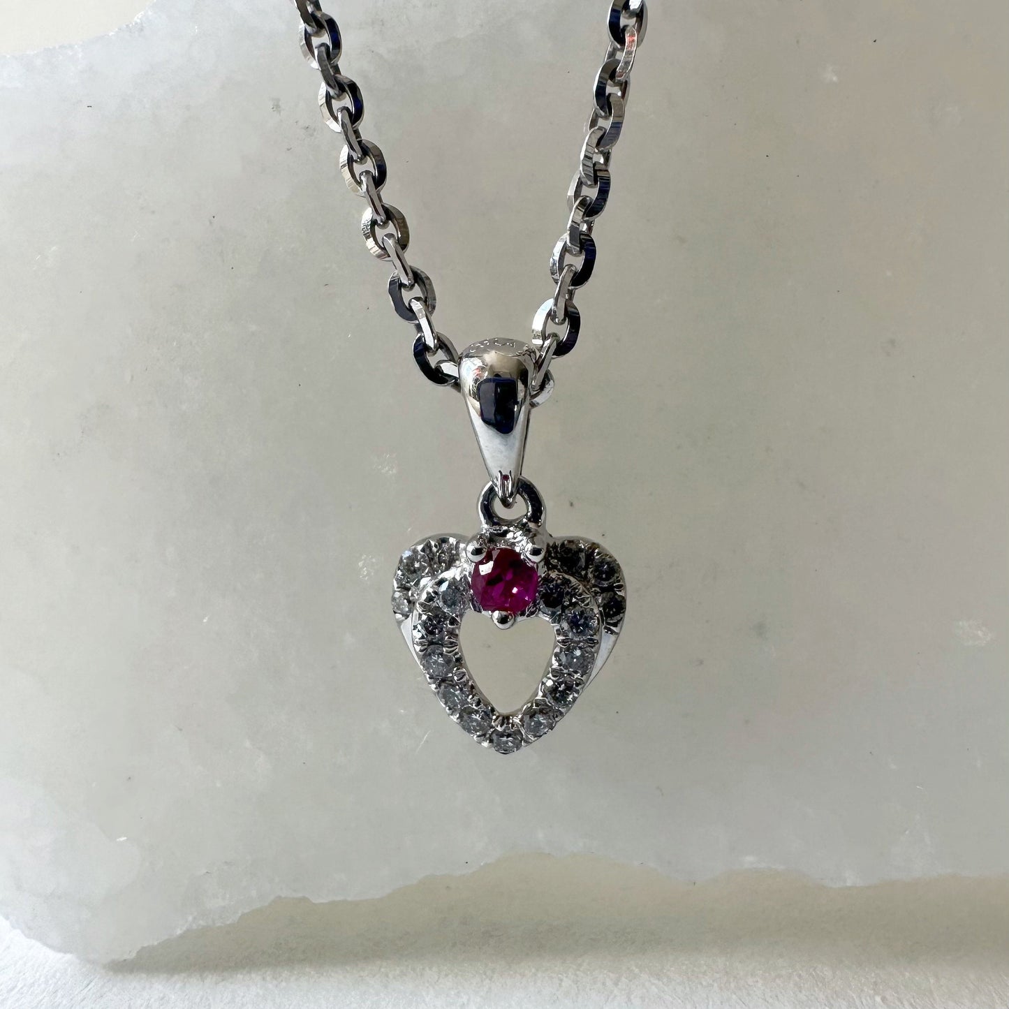 18K Solid White Gold Genuine Ruby and Diamond Heart Pendant (pendant only)