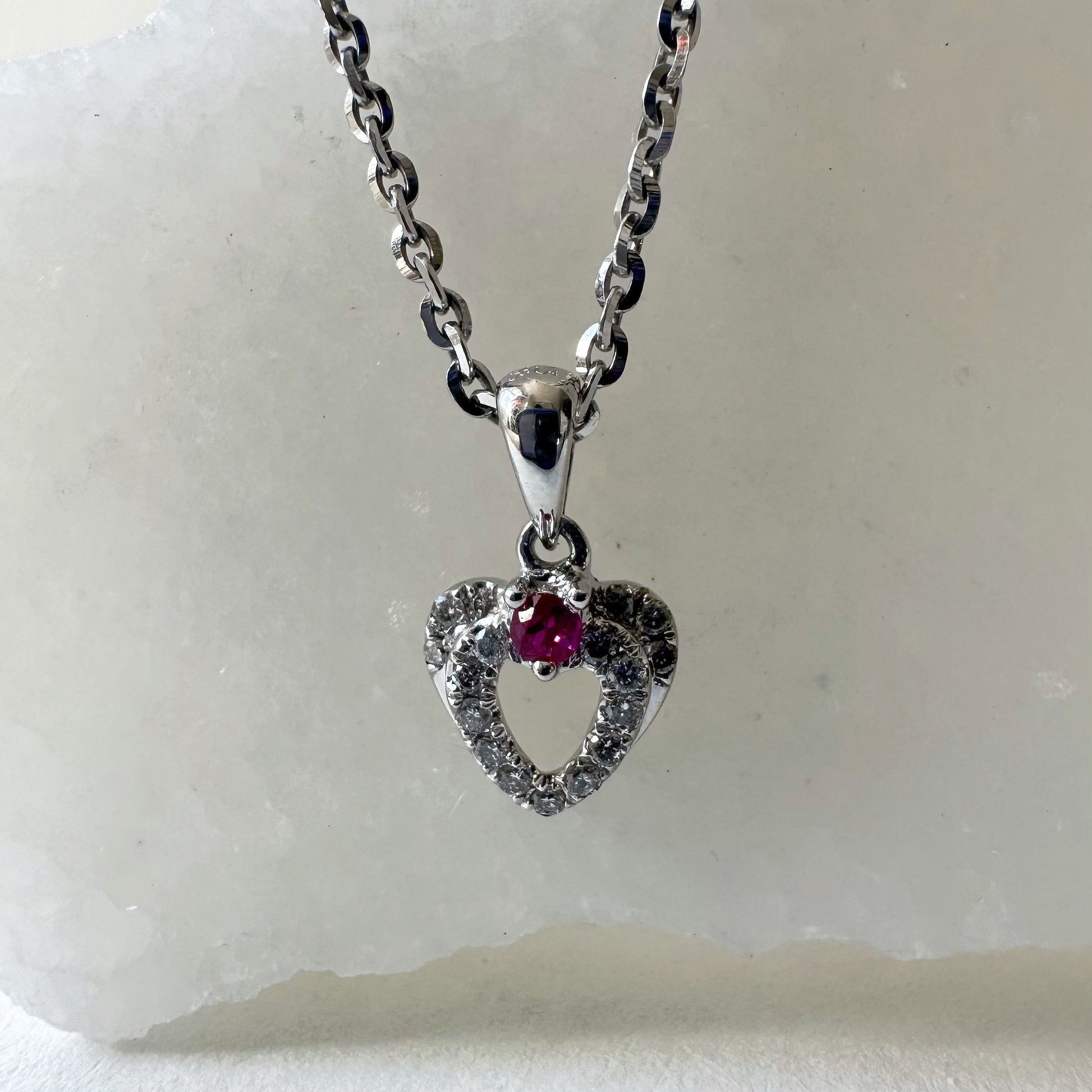 18K Solid White Gold Genuine Ruby and Diamond Heart Pendant (pendant only)