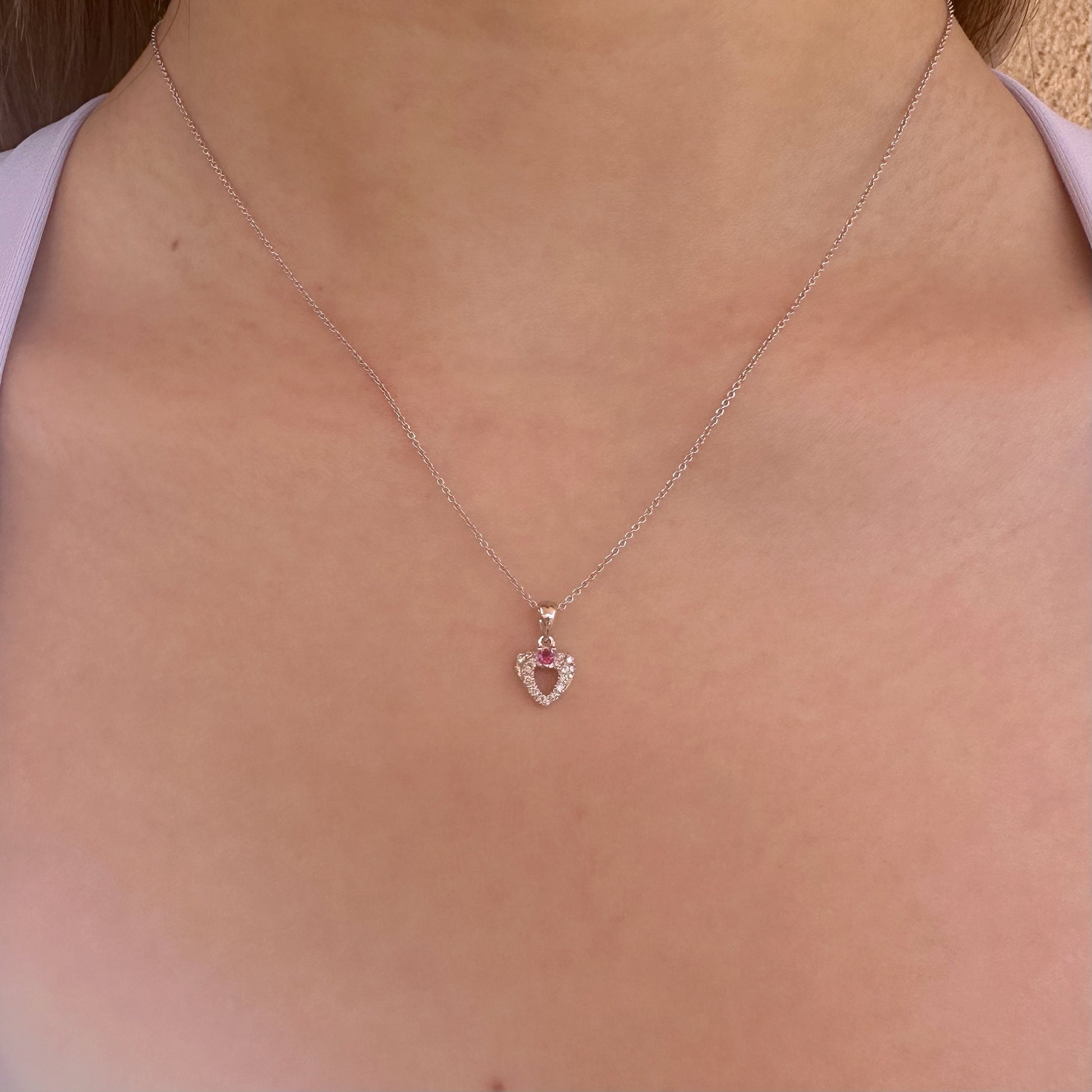 18K Solid White Gold Genuine Ruby and Diamond Heart Pendant (pendant only)