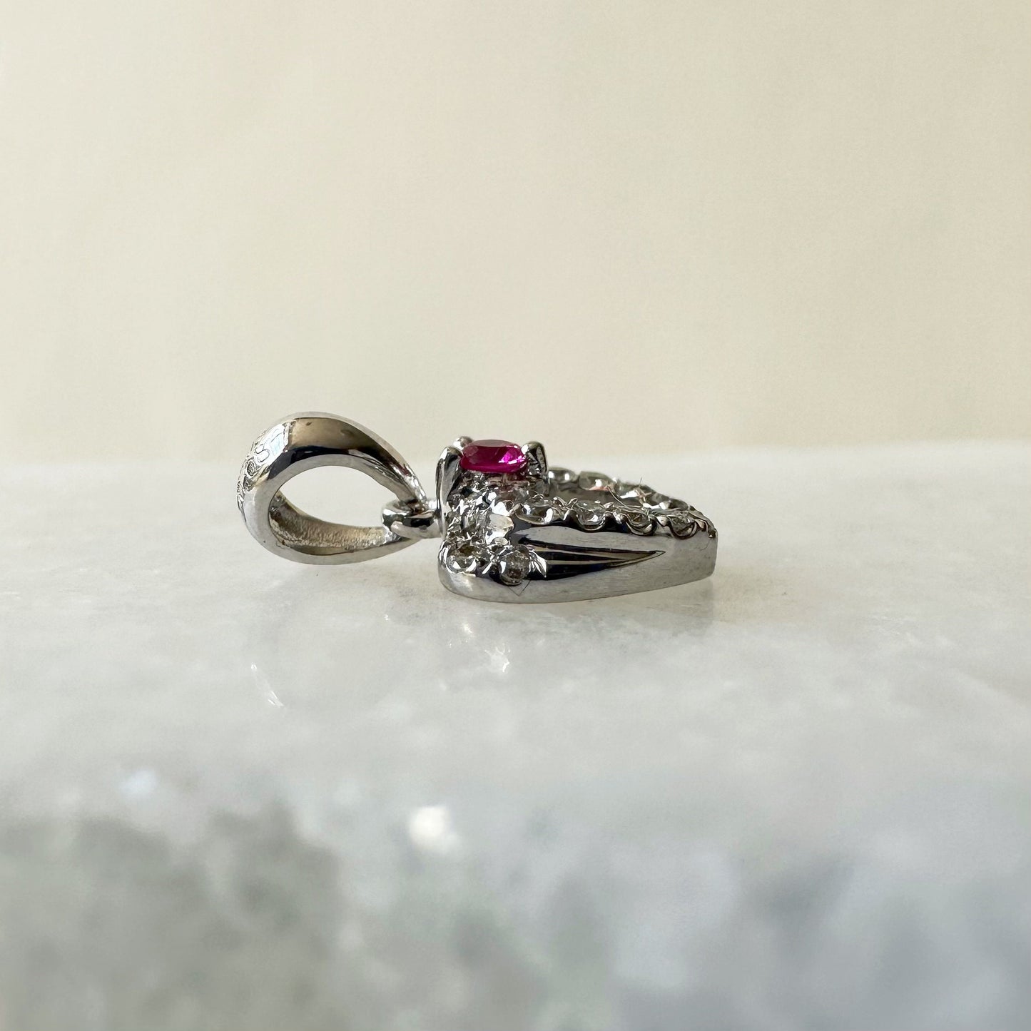 18K Solid White Gold Genuine Ruby and Diamond Heart Pendant (pendant only)