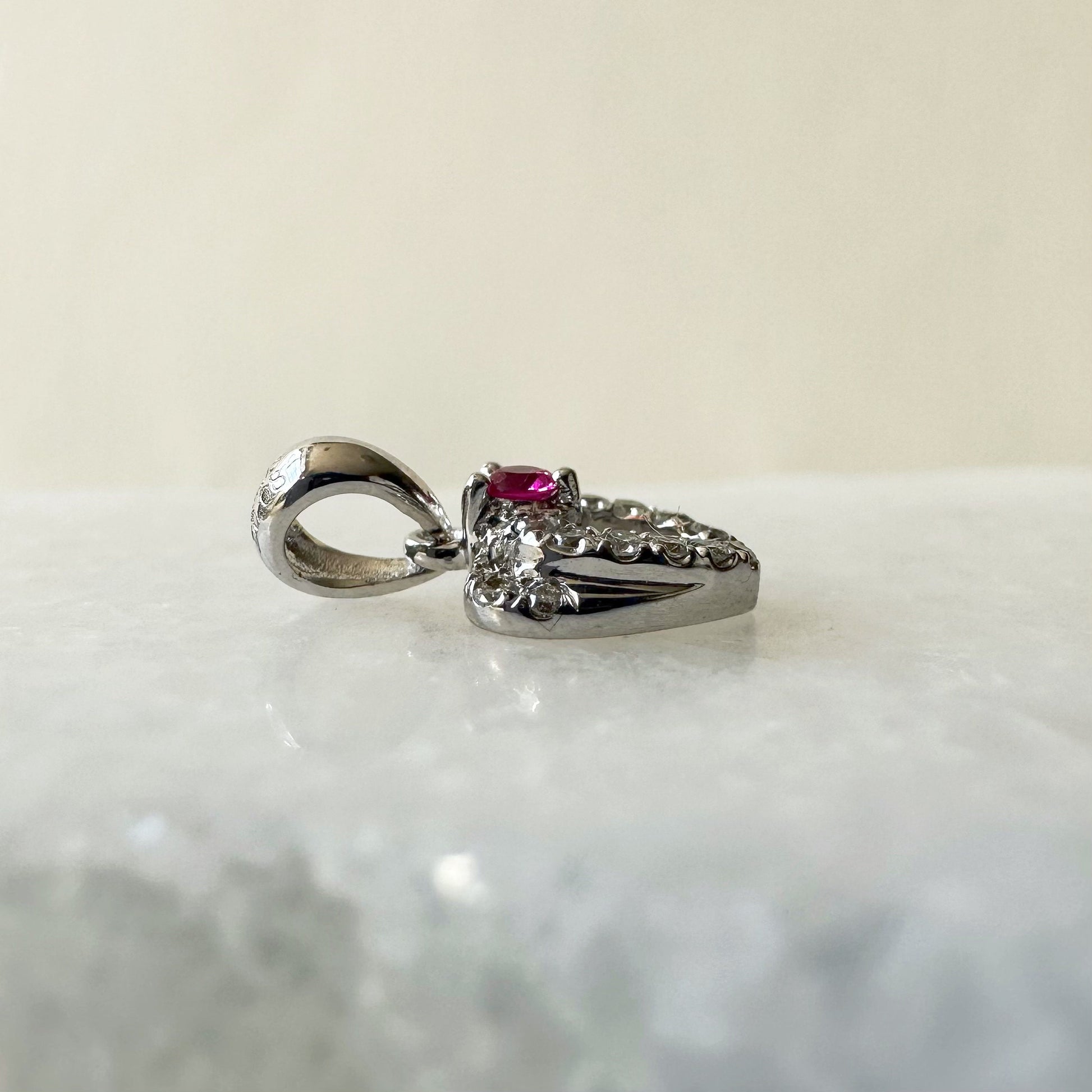 18K Solid White Gold Genuine Ruby and Diamond Heart Pendant (pendant only)