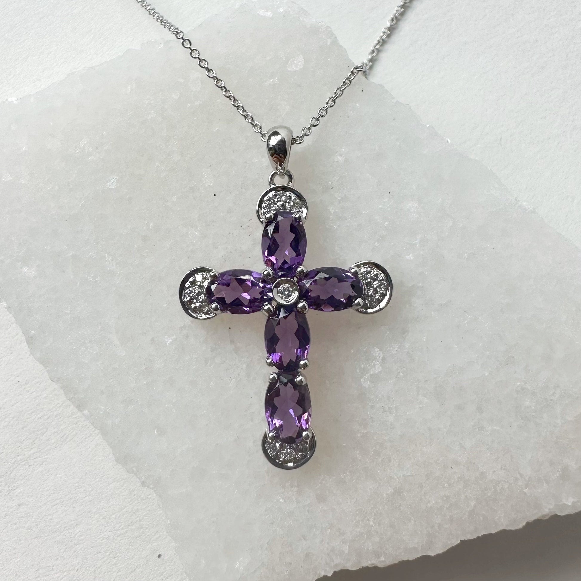 14K Solid Gold Genuine Amethyst and Diamond Cross Pendant