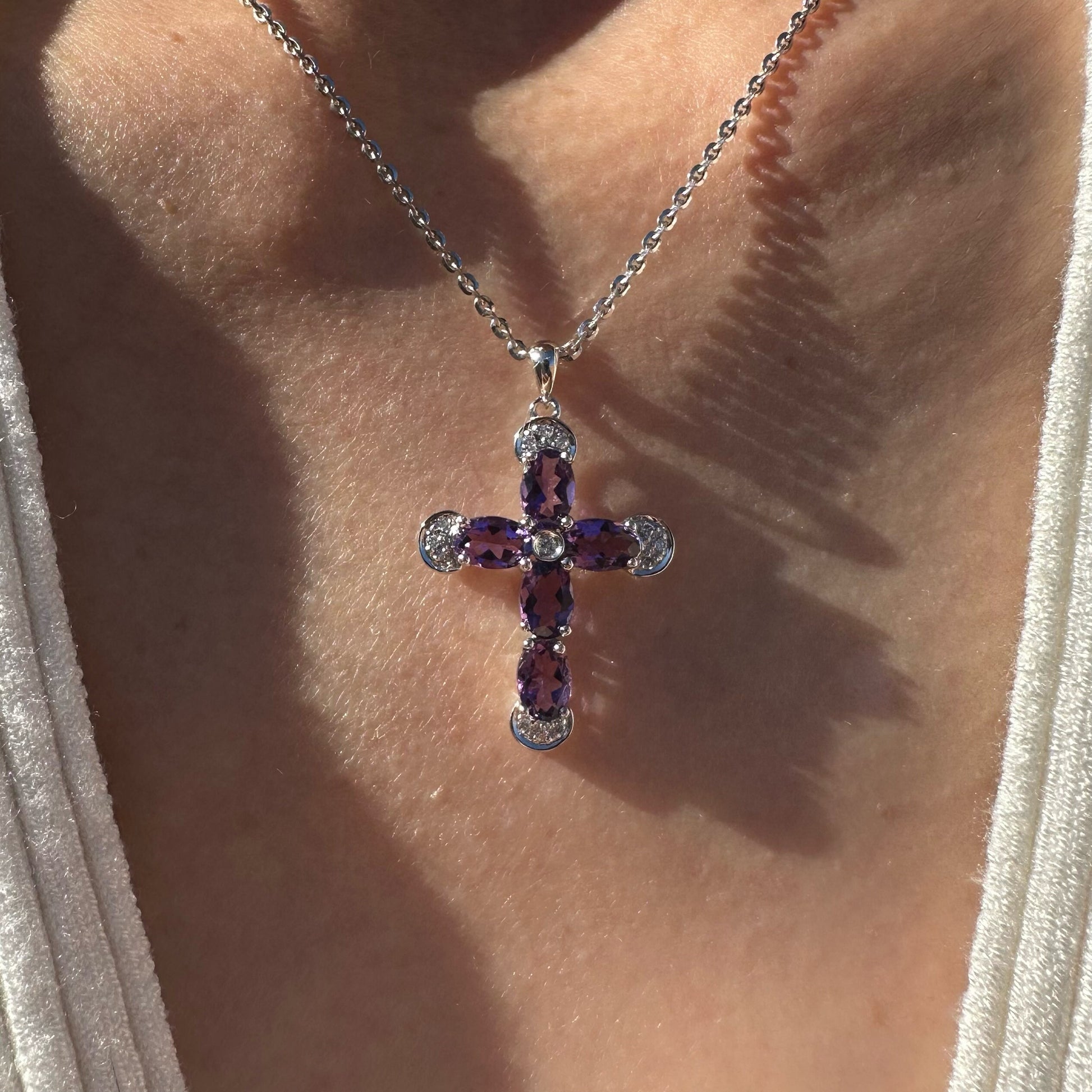14K Solid Gold Genuine Amethyst and Diamond Cross Pendant