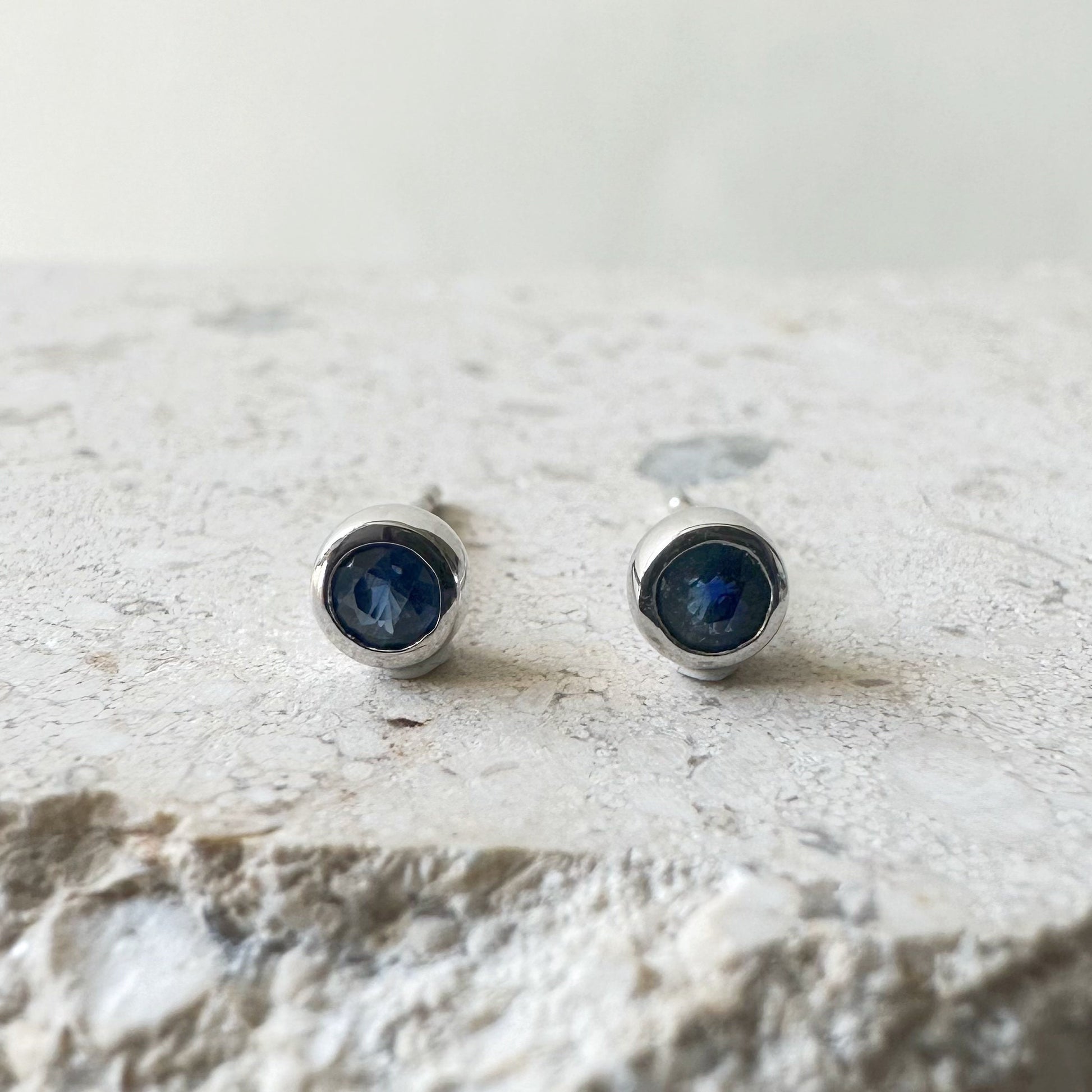 14K Solid Gold Genuine Bezel Sapphire Studs (pair)