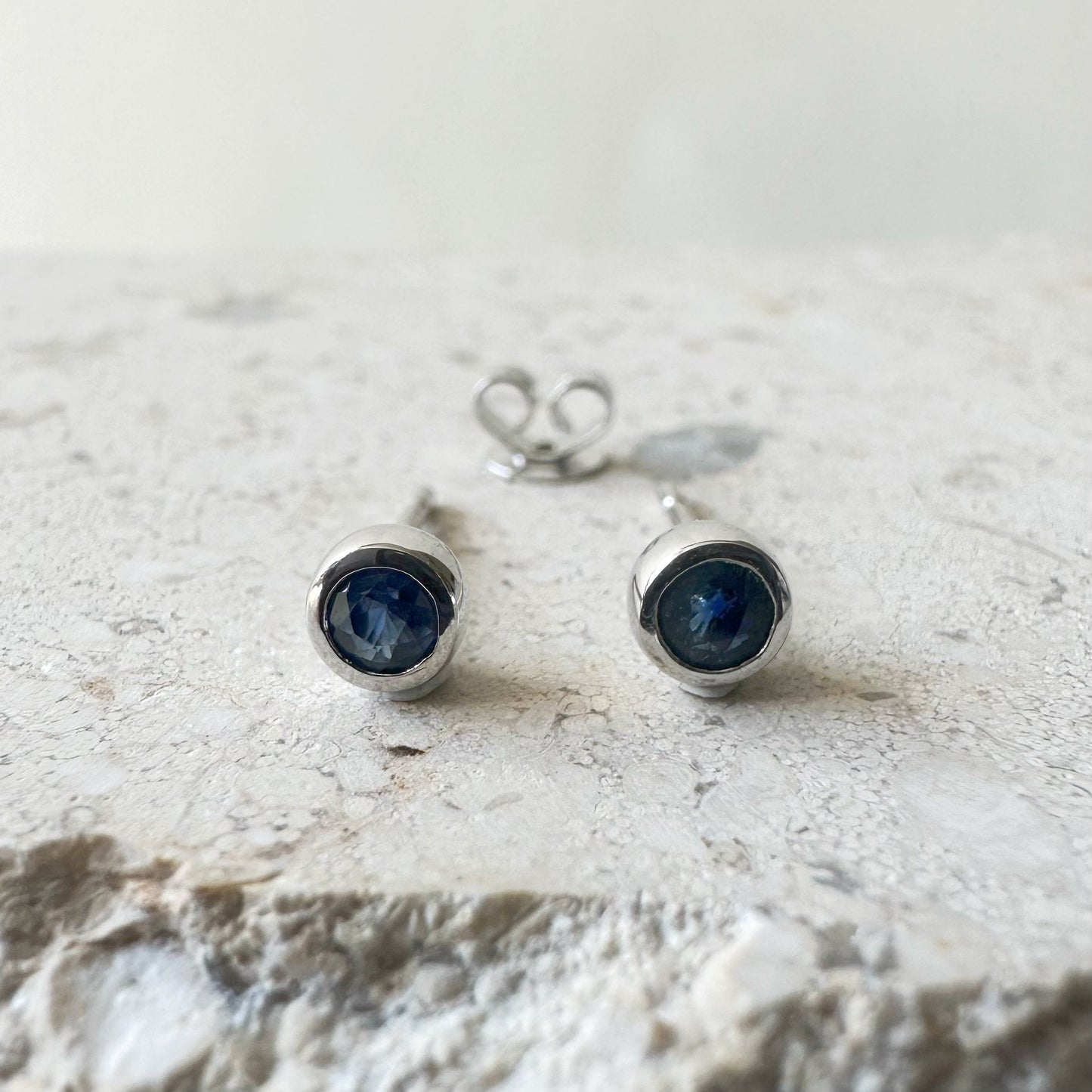 14K Solid Gold Genuine Bezel Sapphire Studs (pair)