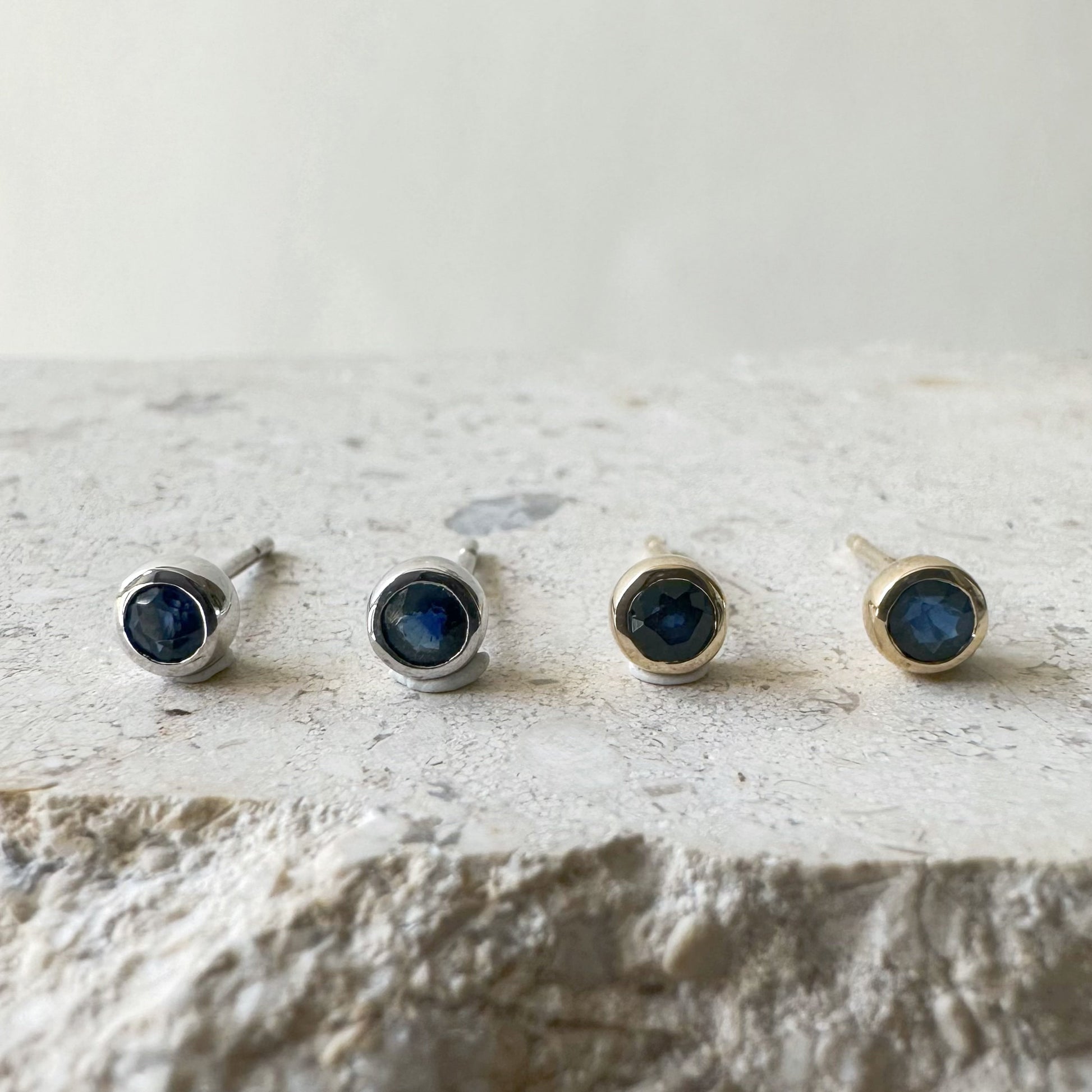 14K Solid Gold Genuine Bezel Sapphire Studs (pair)