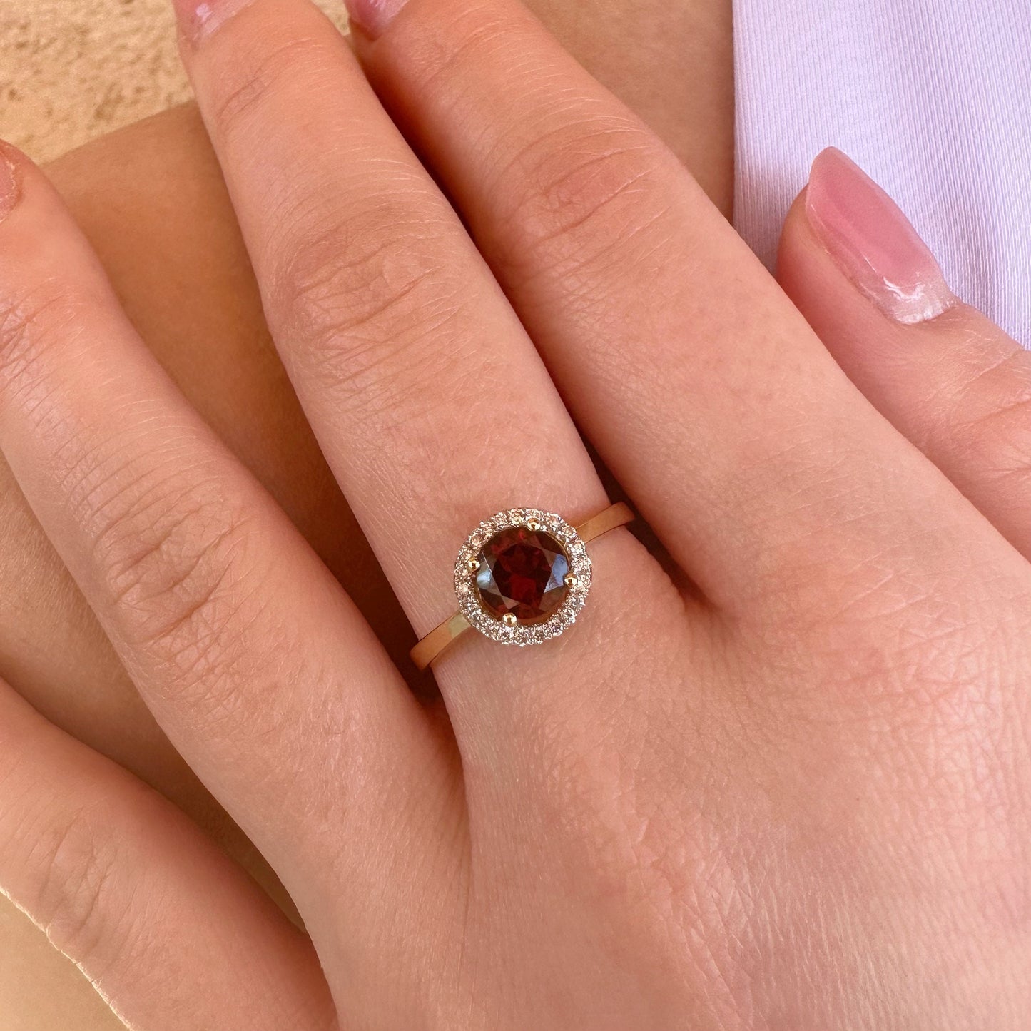 14K Solid Yellow Gold Natural Garnet Diamond Ring | Genuine Garnet Halo Ring | January Birthstone | Engagement Promise Ring Gift