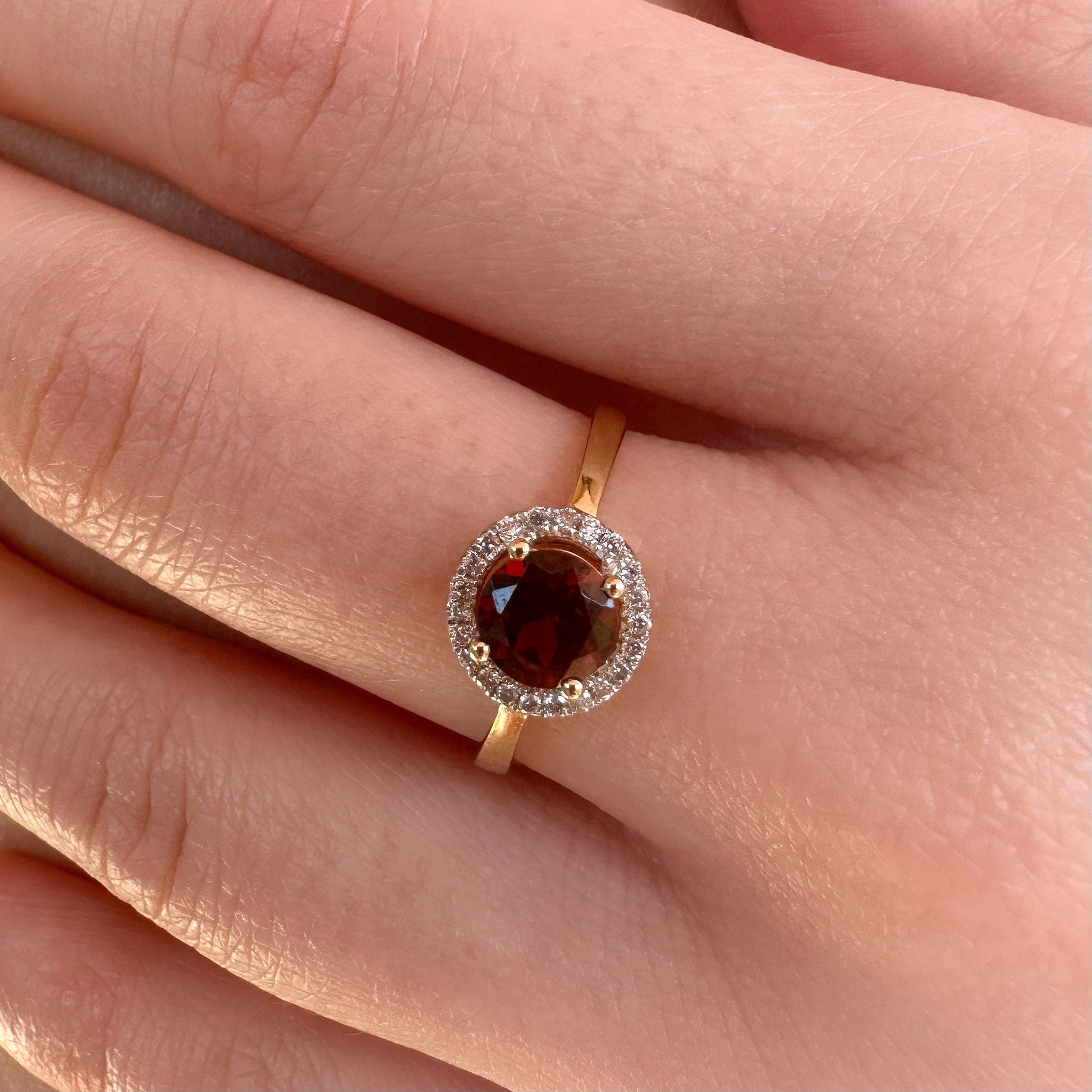 14K Solid Yellow Gold Natural Garnet Diamond Ring | Genuine Garnet Halo Ring | January Birthstone | Engagement Promise Ring Gift