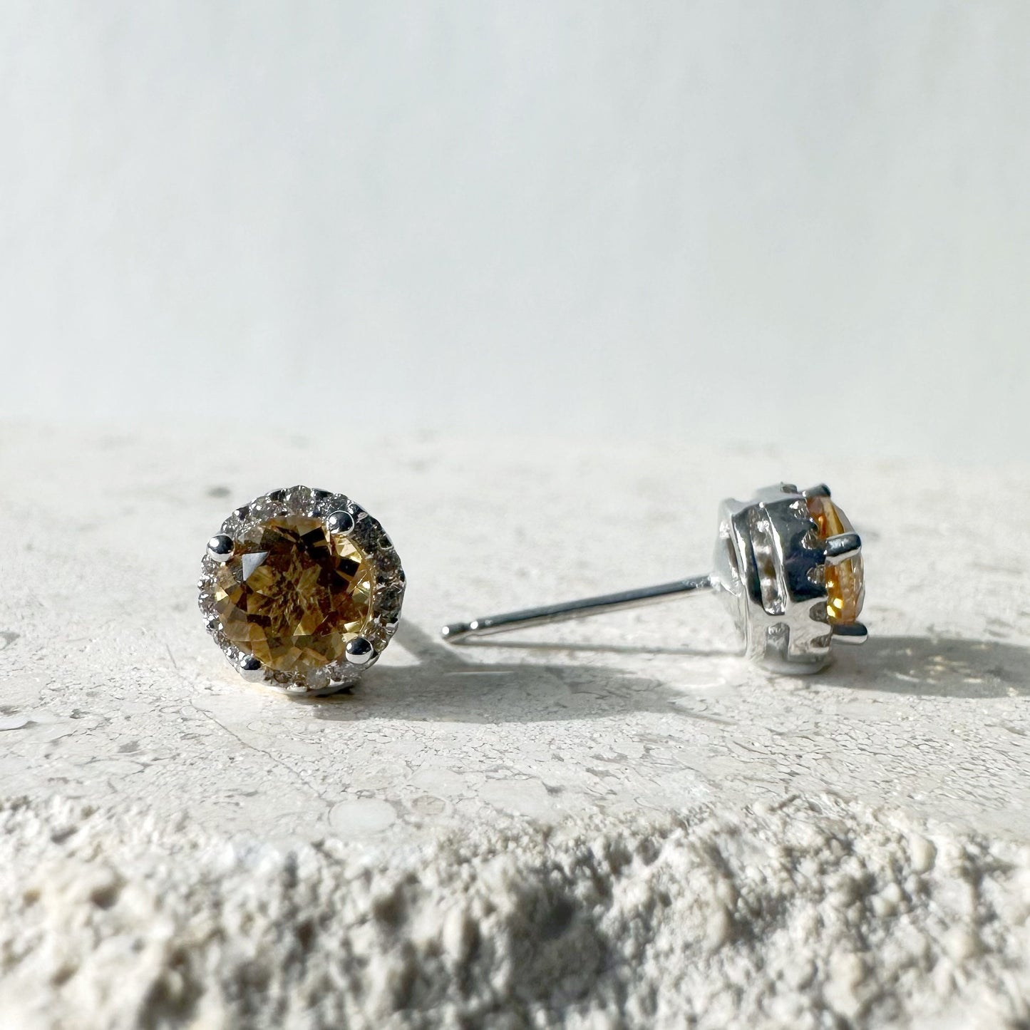 14K Solid White Gold Genuine Citrine and Diamond Studs/Pair