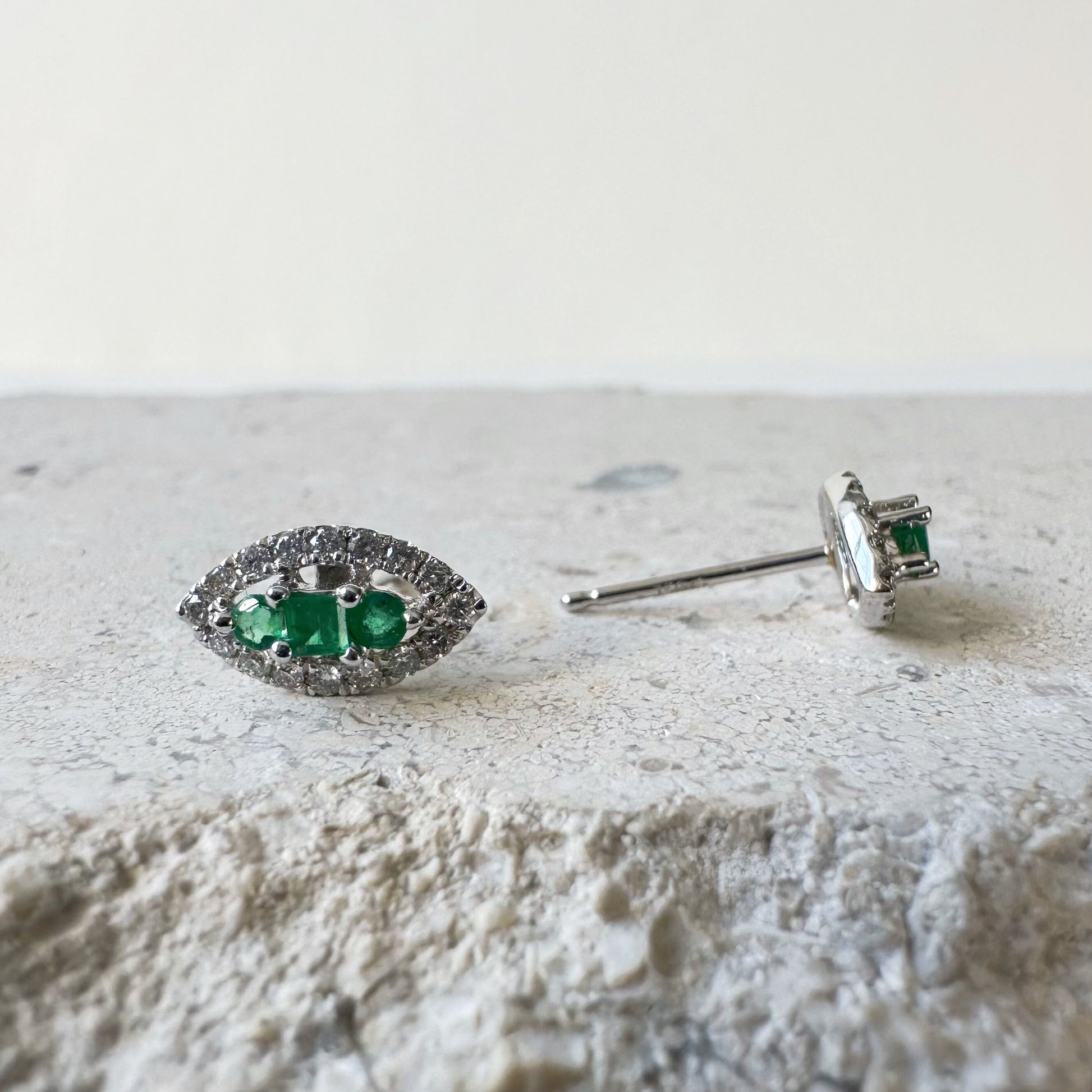 Emerald Diamond Stud Earrings 18K White Gold, Natural Emerald Studs, Marquise Halo Earrings, May Birthstone Gift
