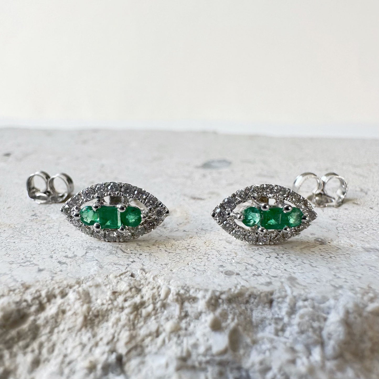 Emerald Diamond Stud Earrings 18K White Gold, Natural Emerald Studs, Marquise Halo Earrings, May Birthstone Gift