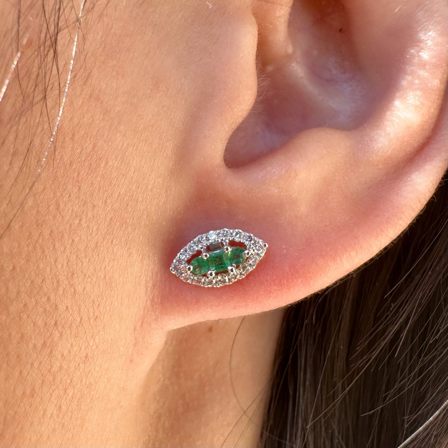 Emerald Diamond Stud Earrings 18K White Gold, Natural Emerald Studs, Marquise Halo Earrings, May Birthstone Gift