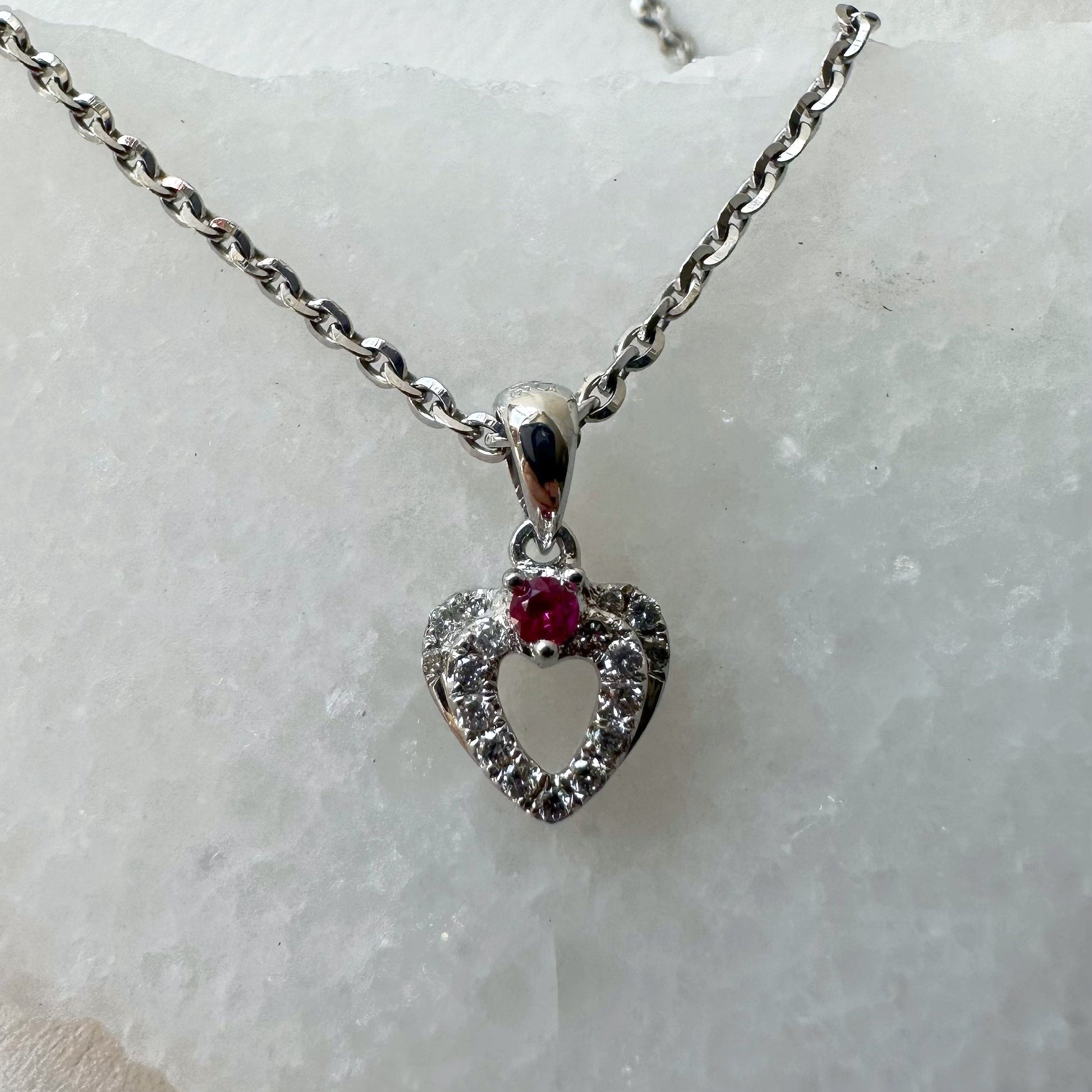 18K Solid White Gold Genuine Ruby and Diamond Heart Pendant (pendant only)