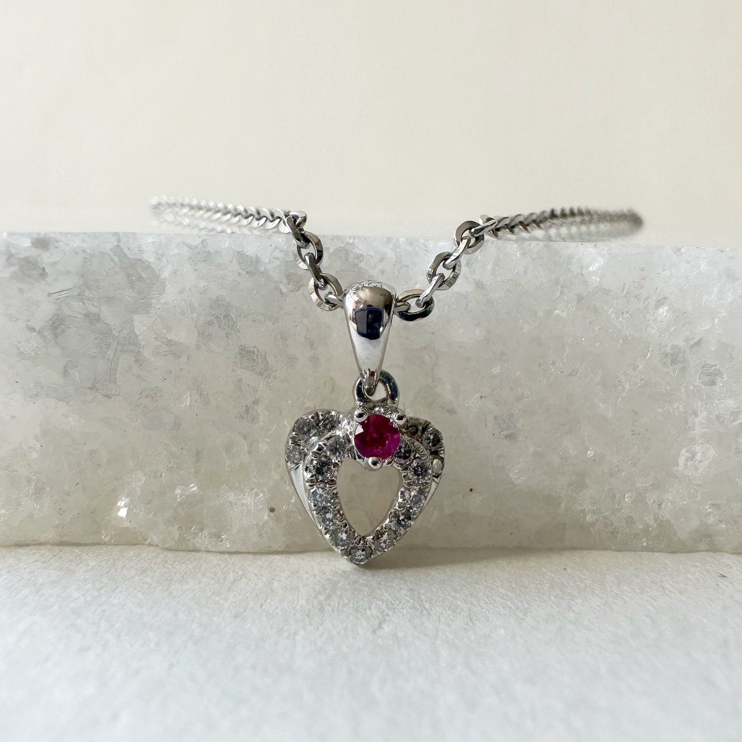 18K Solid White Gold Genuine Ruby and Diamond Heart Pendant (pendant only)