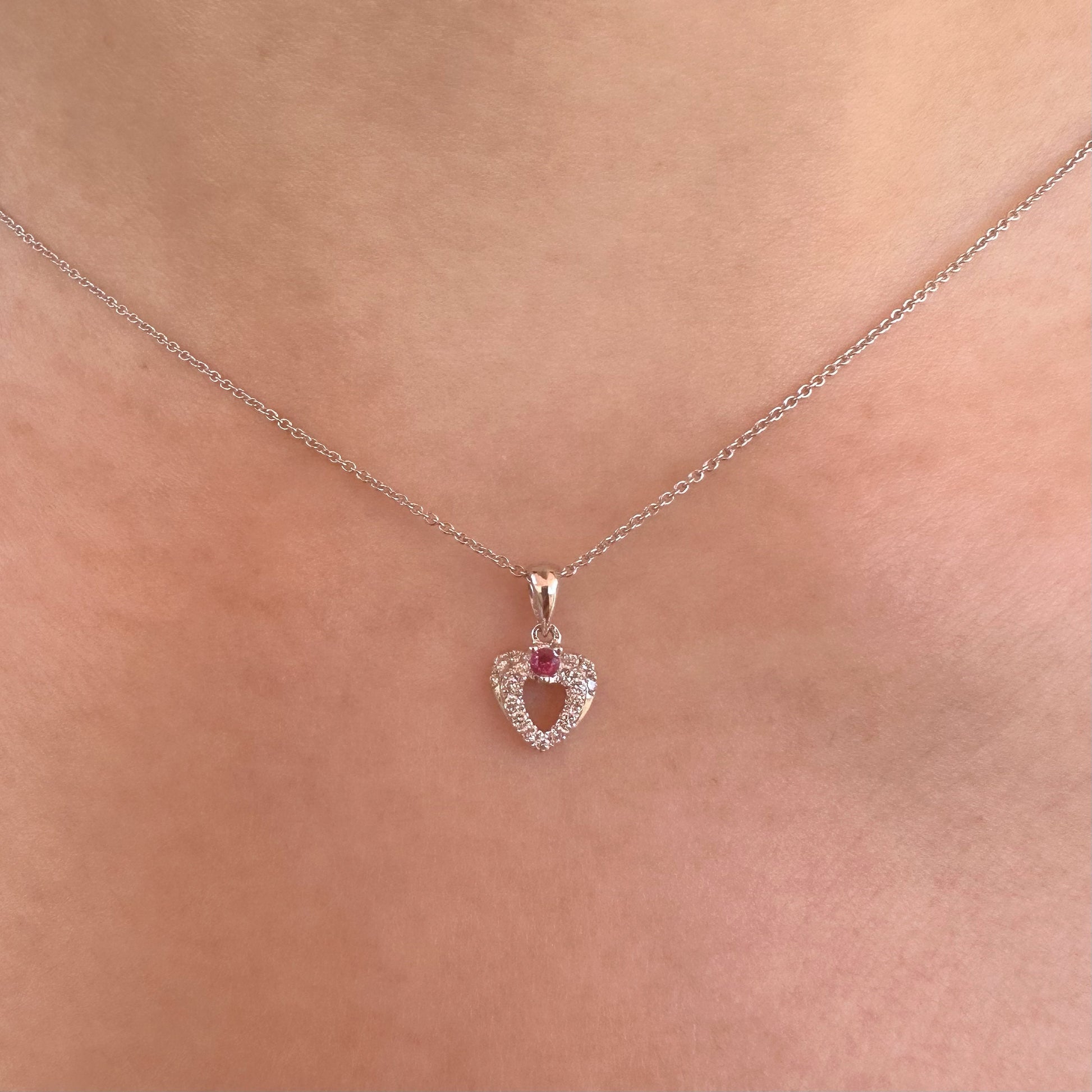 18K Solid White Gold Genuine Ruby and Diamond Heart Pendant (pendant only)