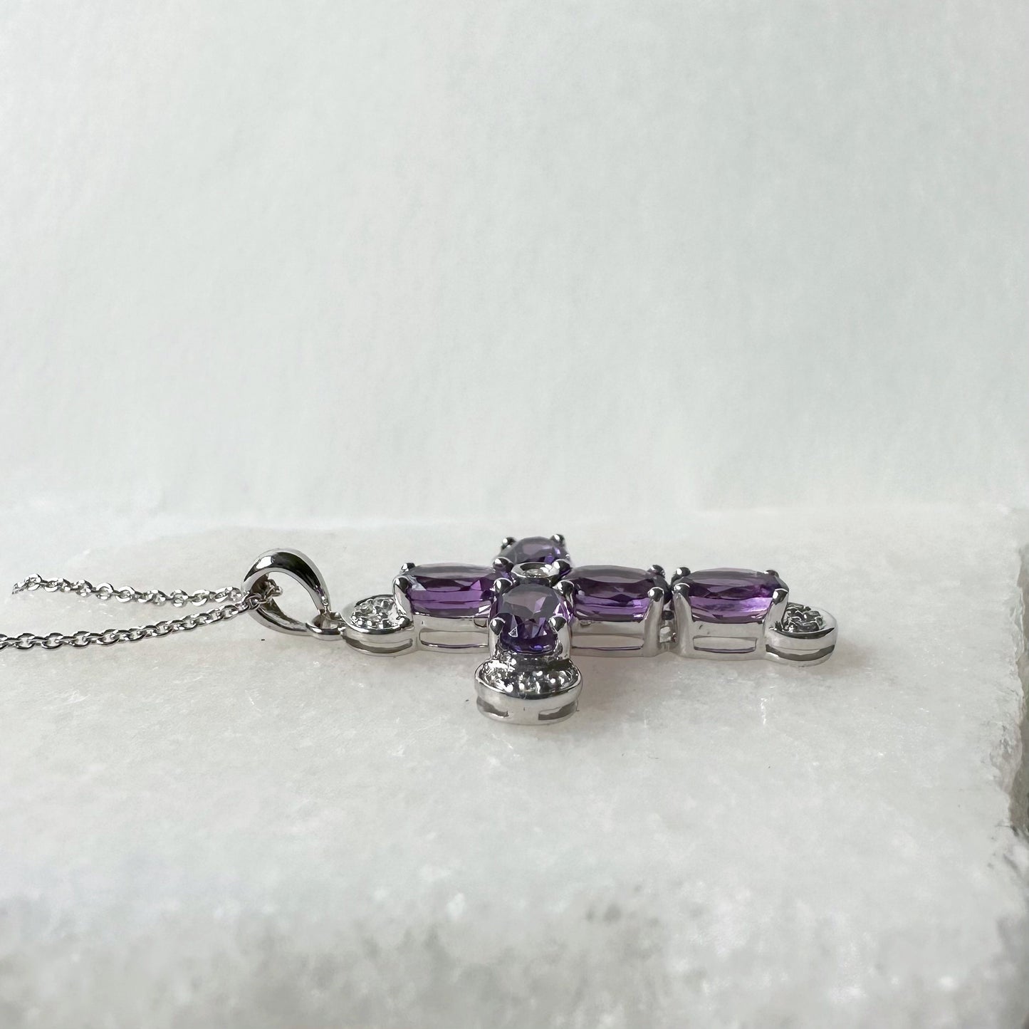 14K Solid Gold Genuine Amethyst and Diamond Cross Pendant