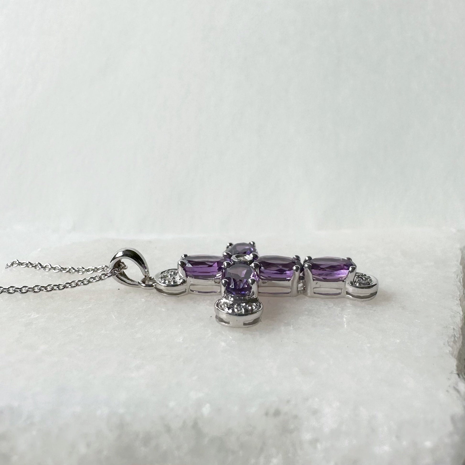 14K Solid Gold Genuine Amethyst and Diamond Cross Pendant