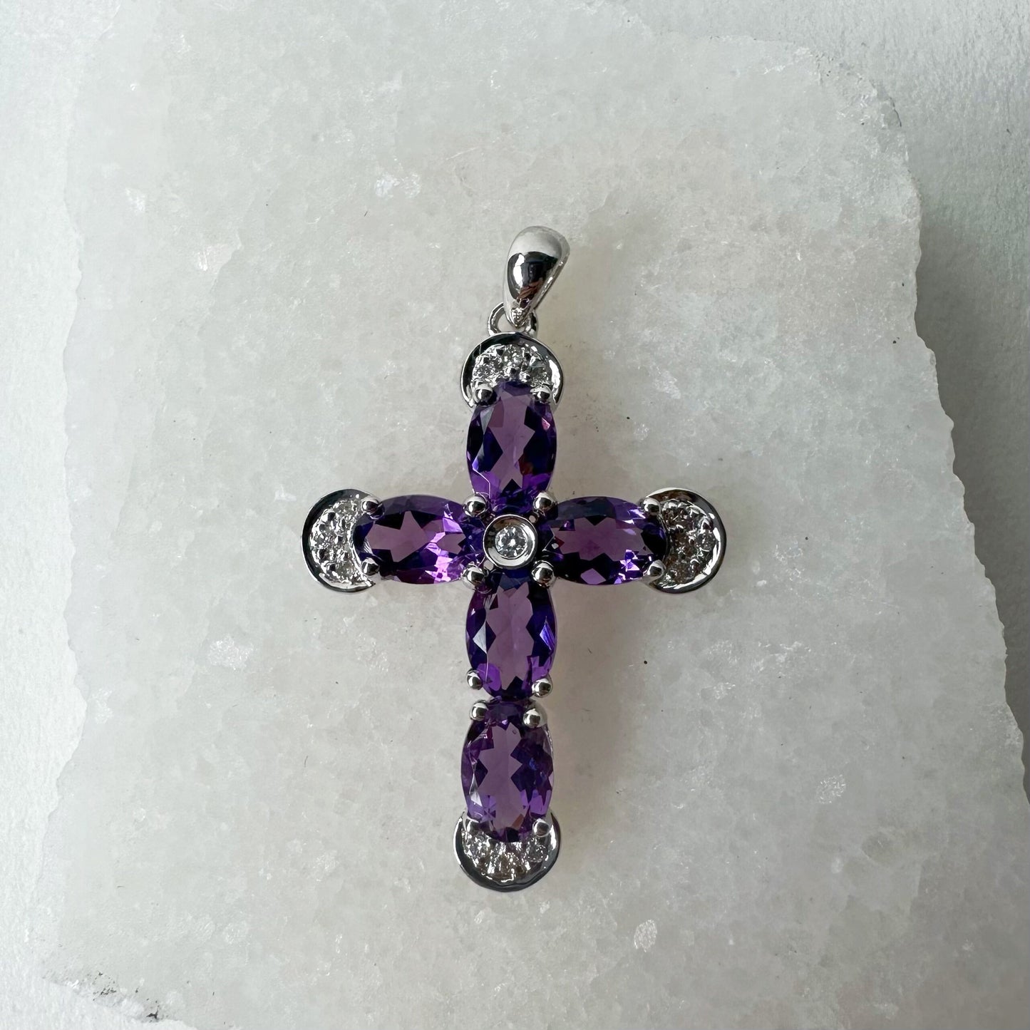14K Solid Gold Genuine Amethyst and Diamond Cross Pendant