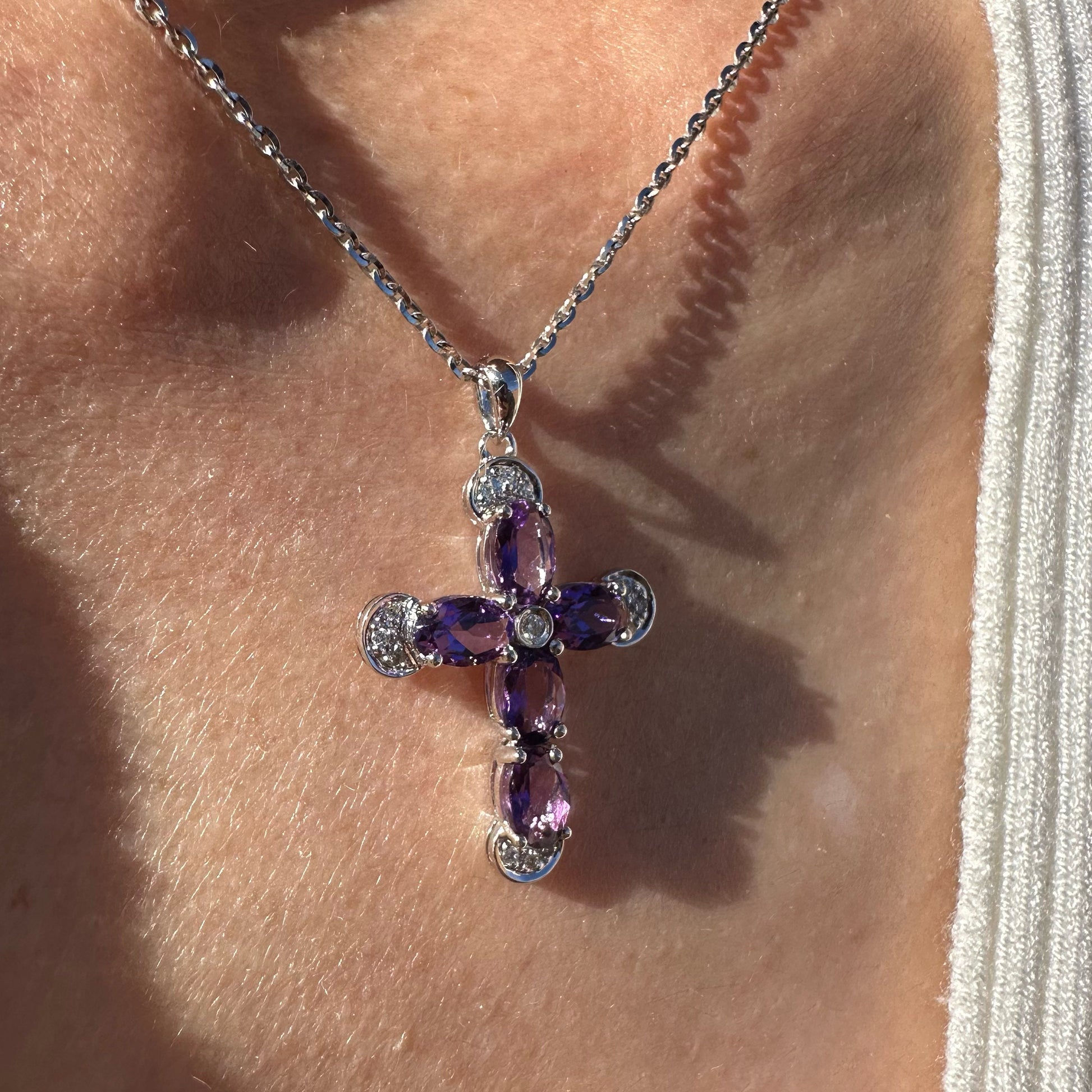 14K Solid Gold Genuine Amethyst and Diamond Cross Pendant