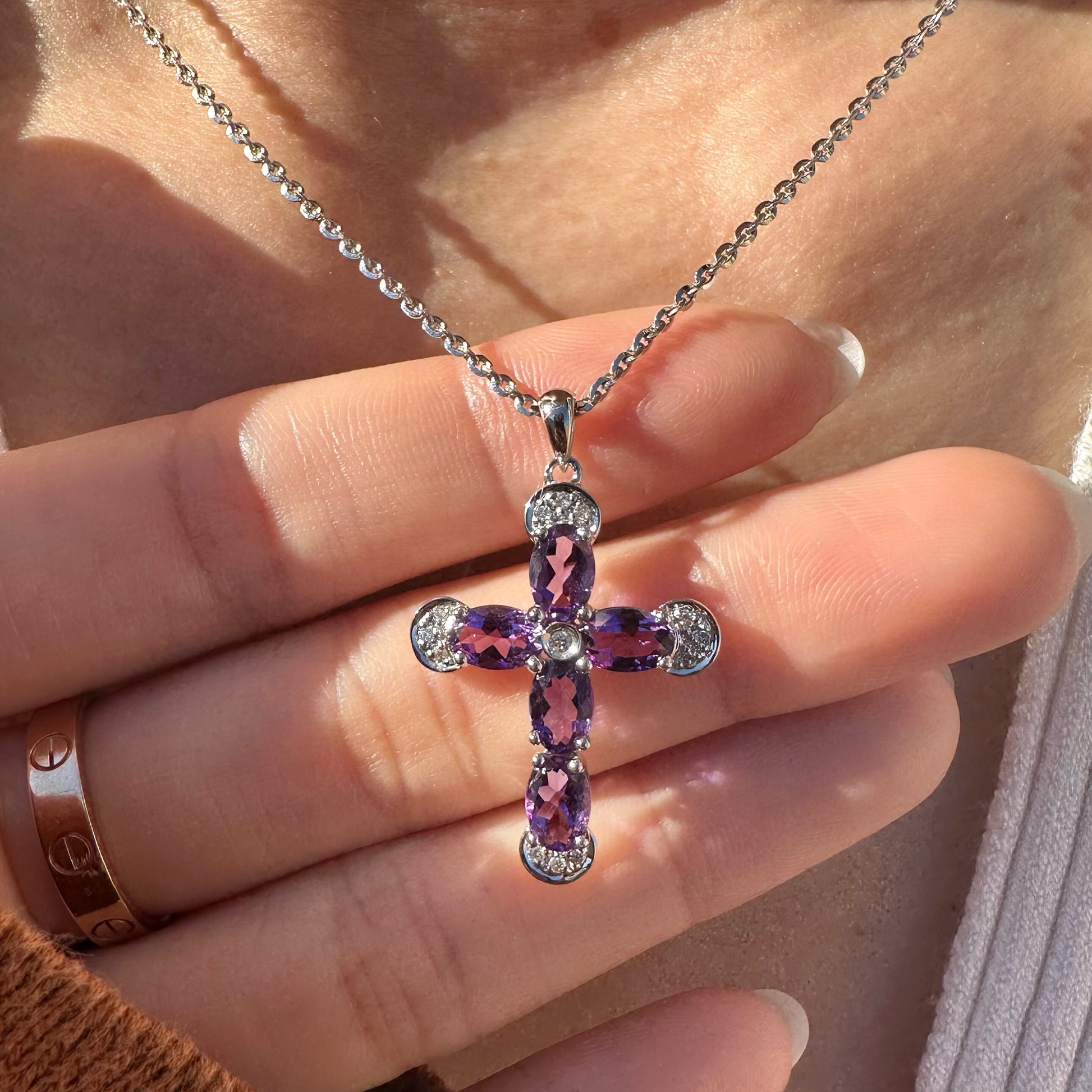 14K Solid Gold Genuine Amethyst and Diamond Cross Pendant