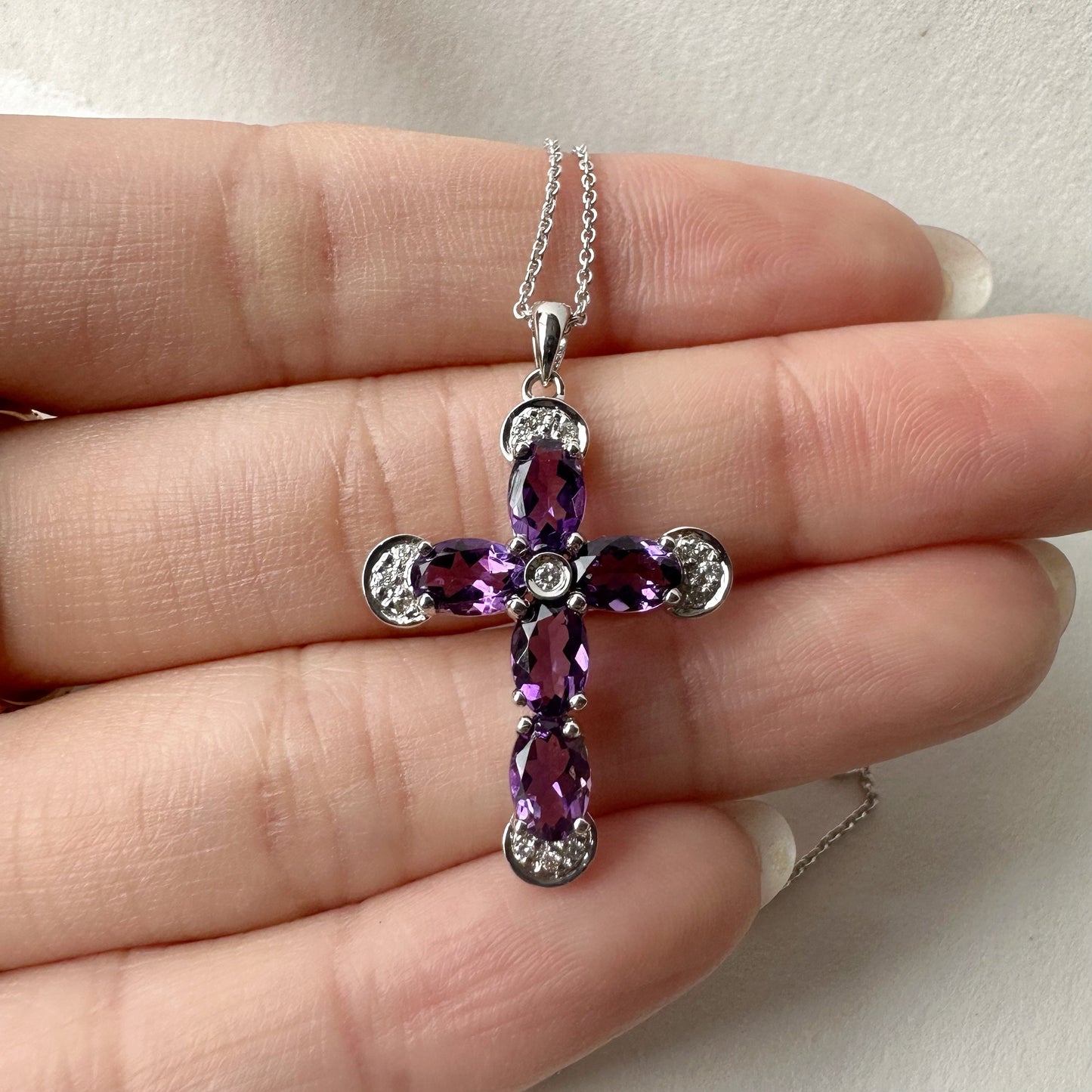 14K Solid Gold Genuine Amethyst and Diamond Cross Pendant