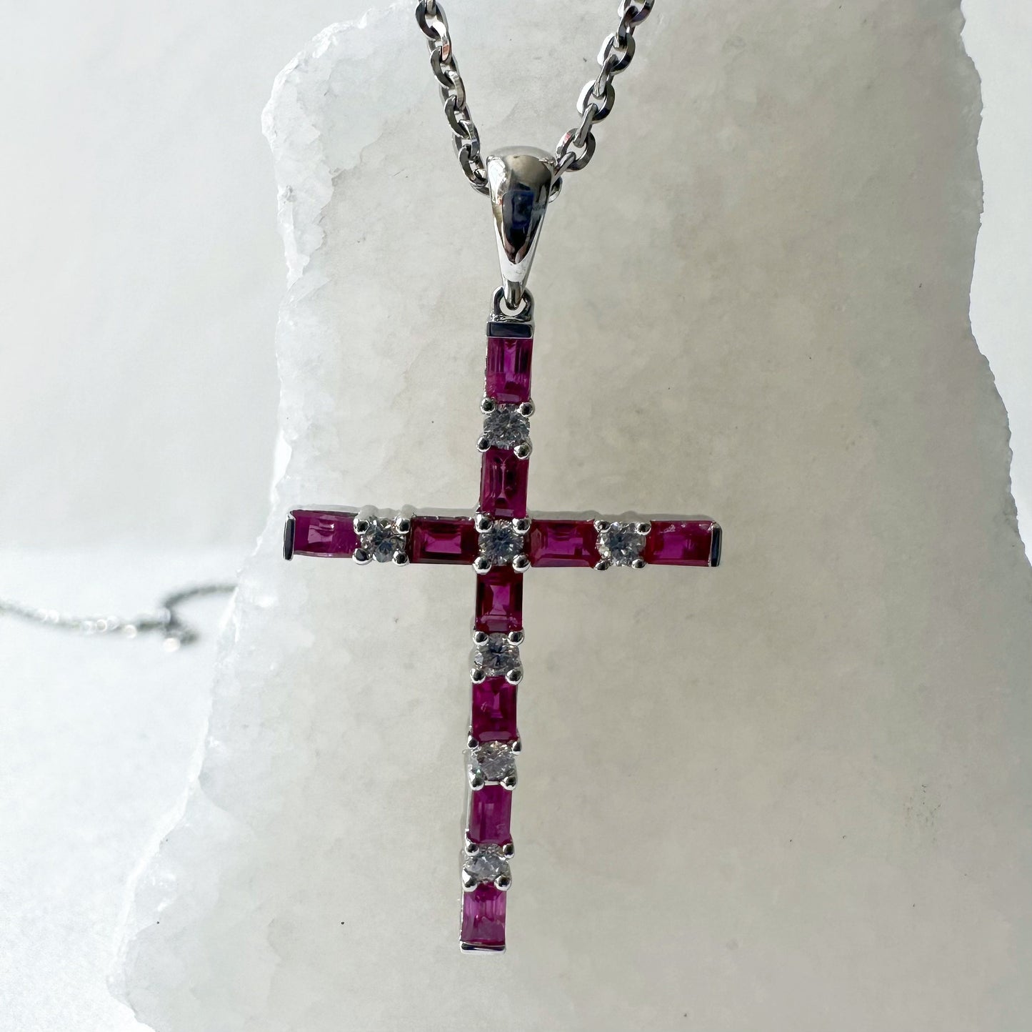 14K Solid Gold Genuine Baguette Ruby and Diamond Cross Pendant