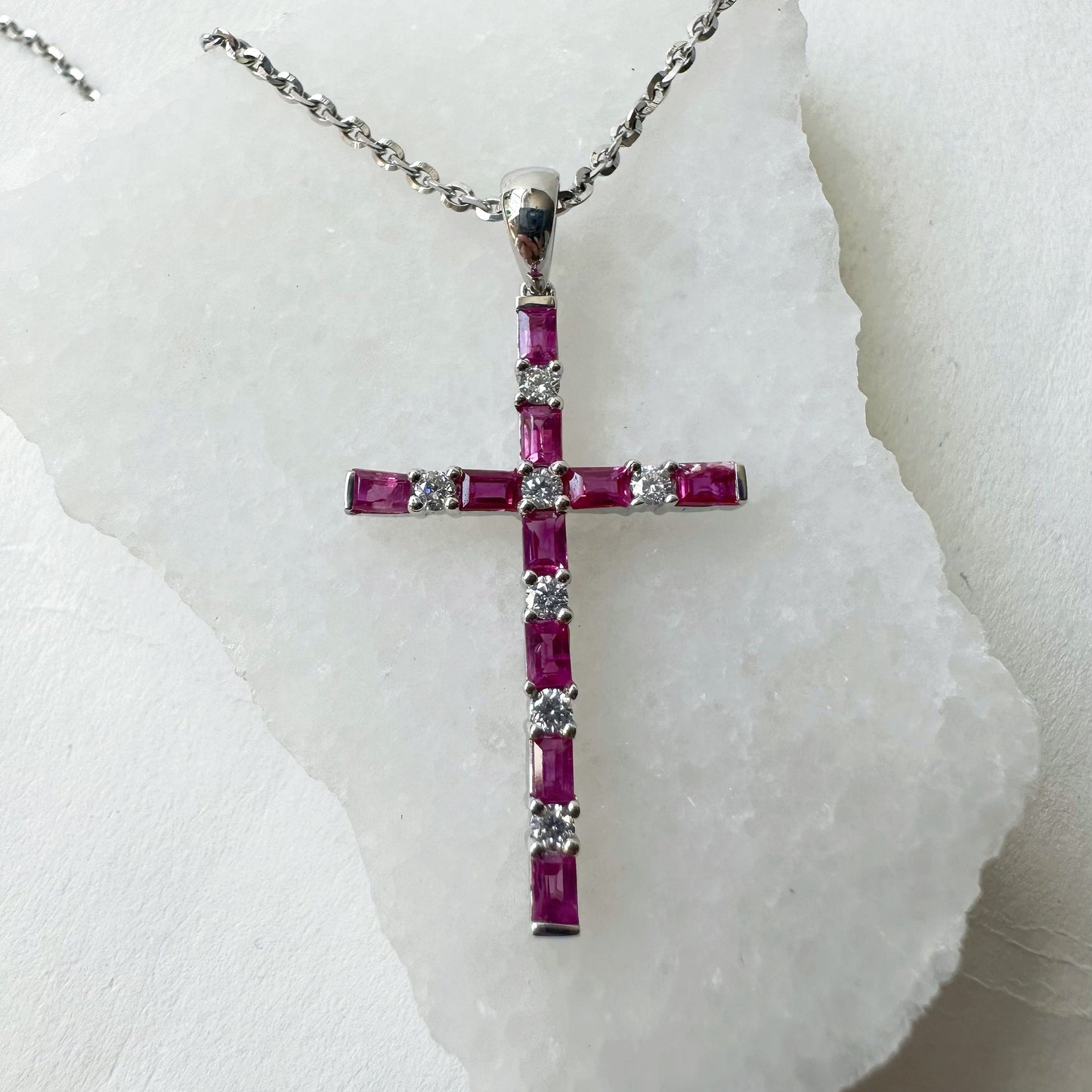 14K Solid Gold Genuine Baguette Ruby and Diamond Cross Pendant
