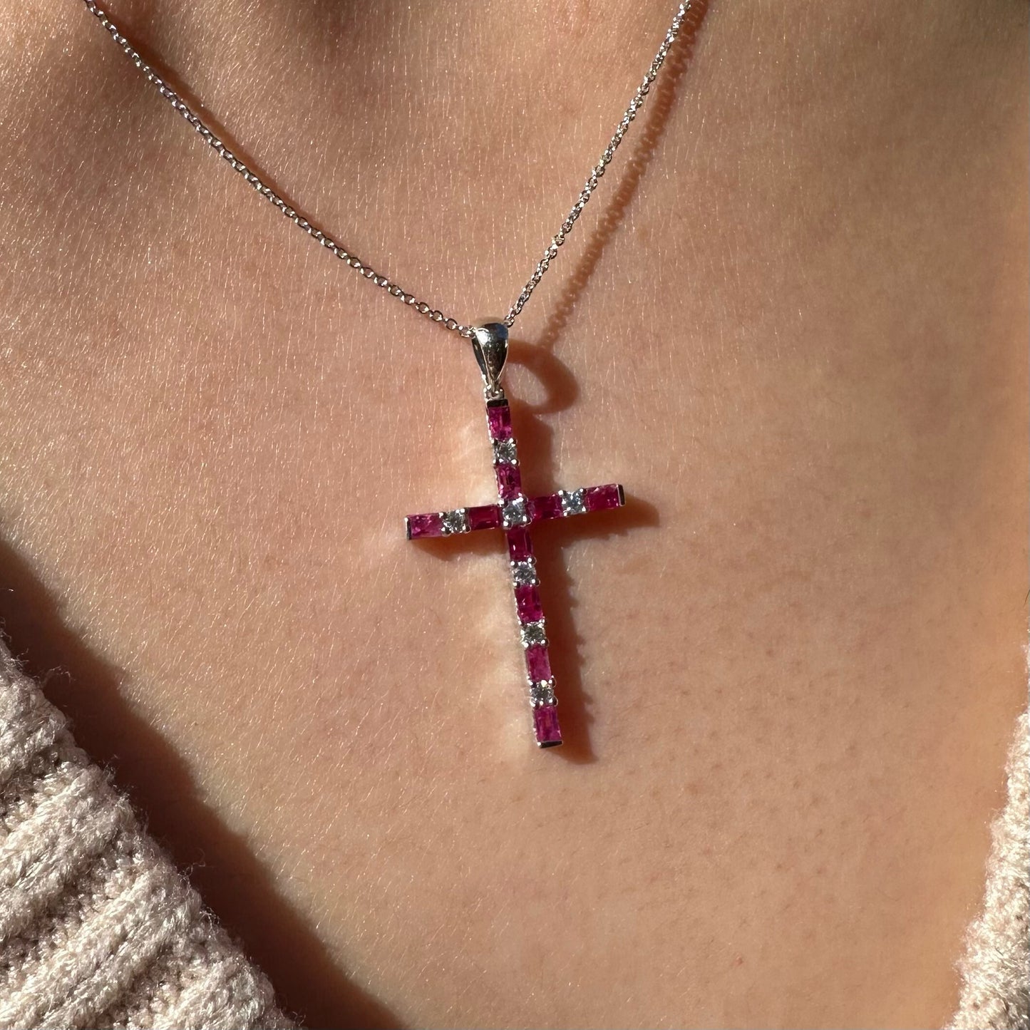 14K Solid Gold Genuine Baguette Ruby and Diamond Cross Pendant