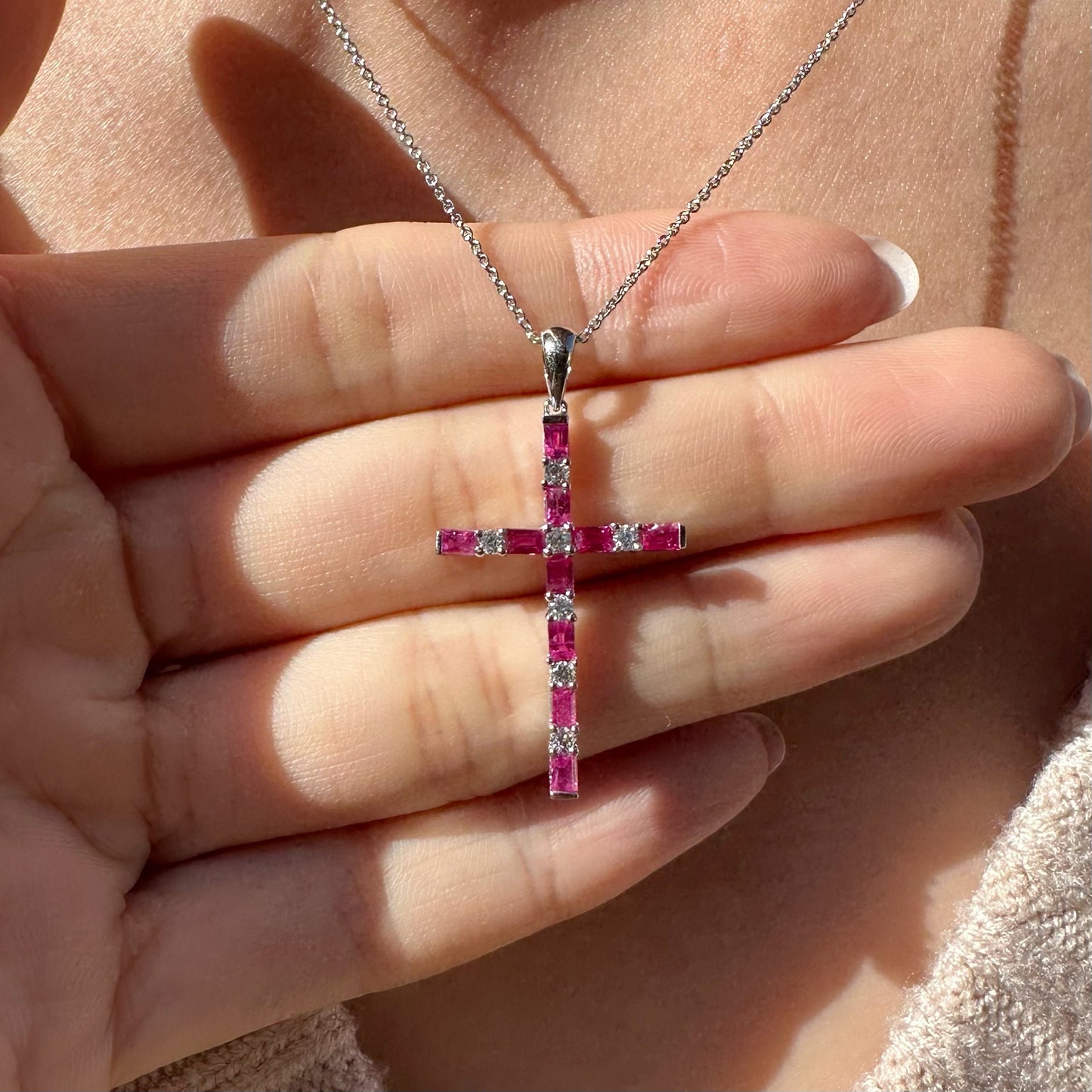 14K Solid Gold Genuine Baguette Ruby and Diamond Cross Pendant