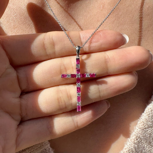 14K Solid Gold Genuine Baguette Ruby and Diamond Cross Pendant