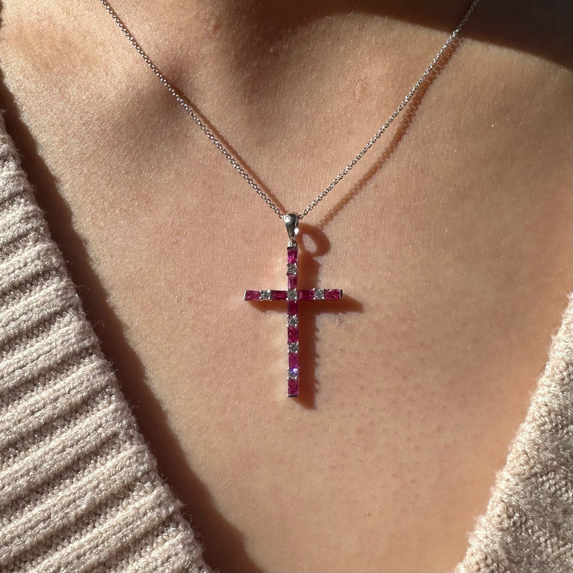 14K Solid Gold Genuine Baguette Ruby and Diamond Cross Pendant