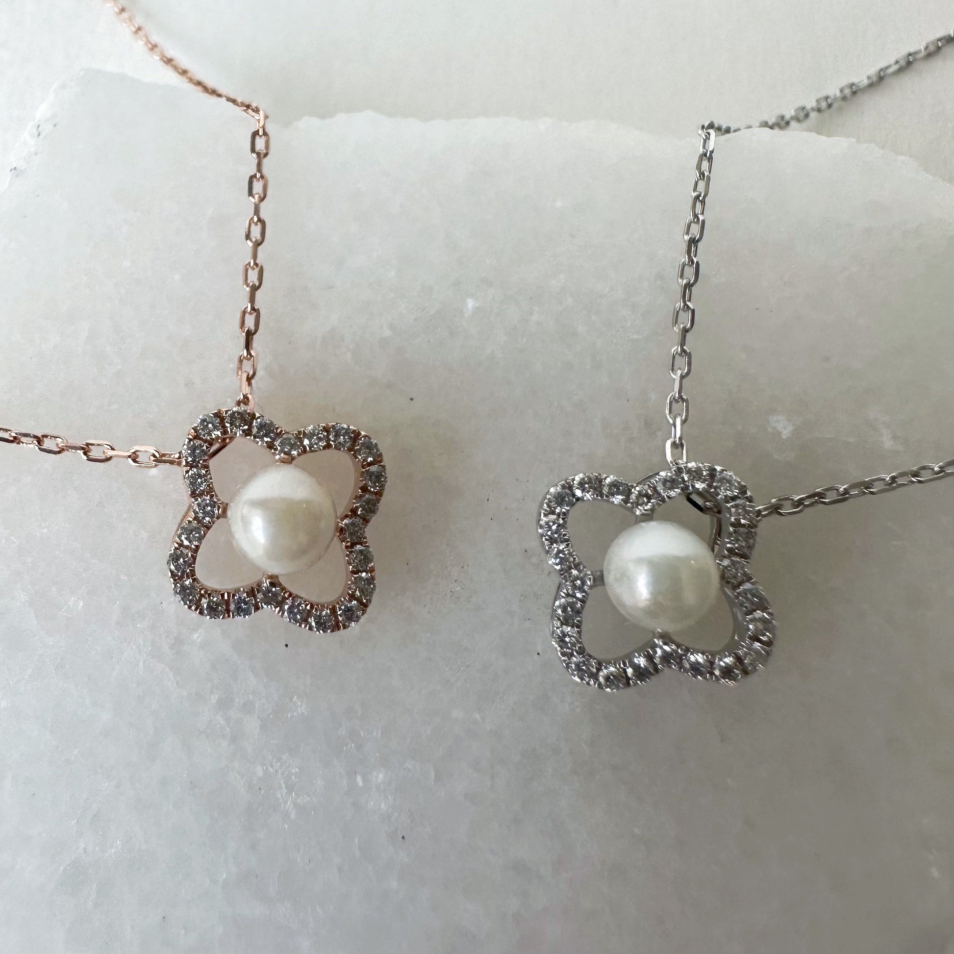 14K Solid Gold Genuine Akoya Pearl and Diamond Clover Necklace