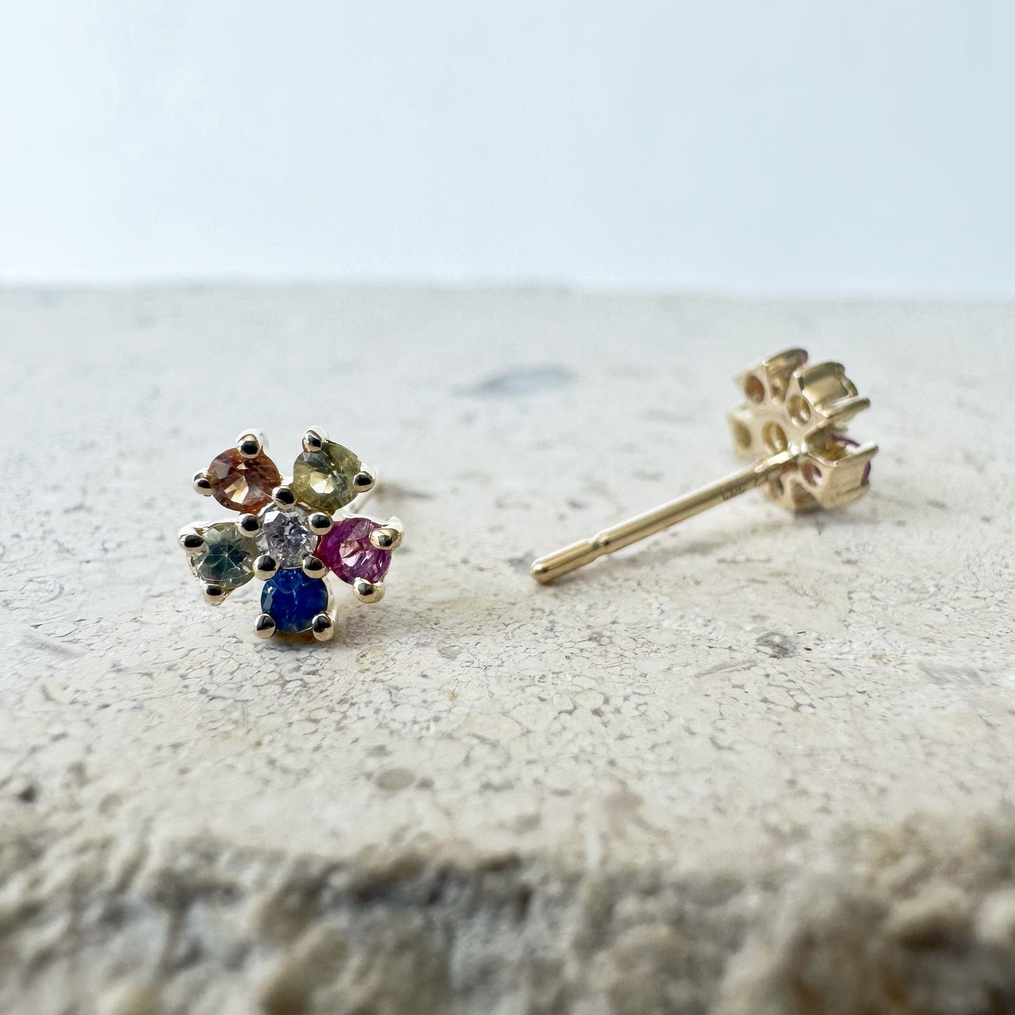14K Solid Gold Genuine Rainbow Sapphire and Diamond Flower Studs/Pair
