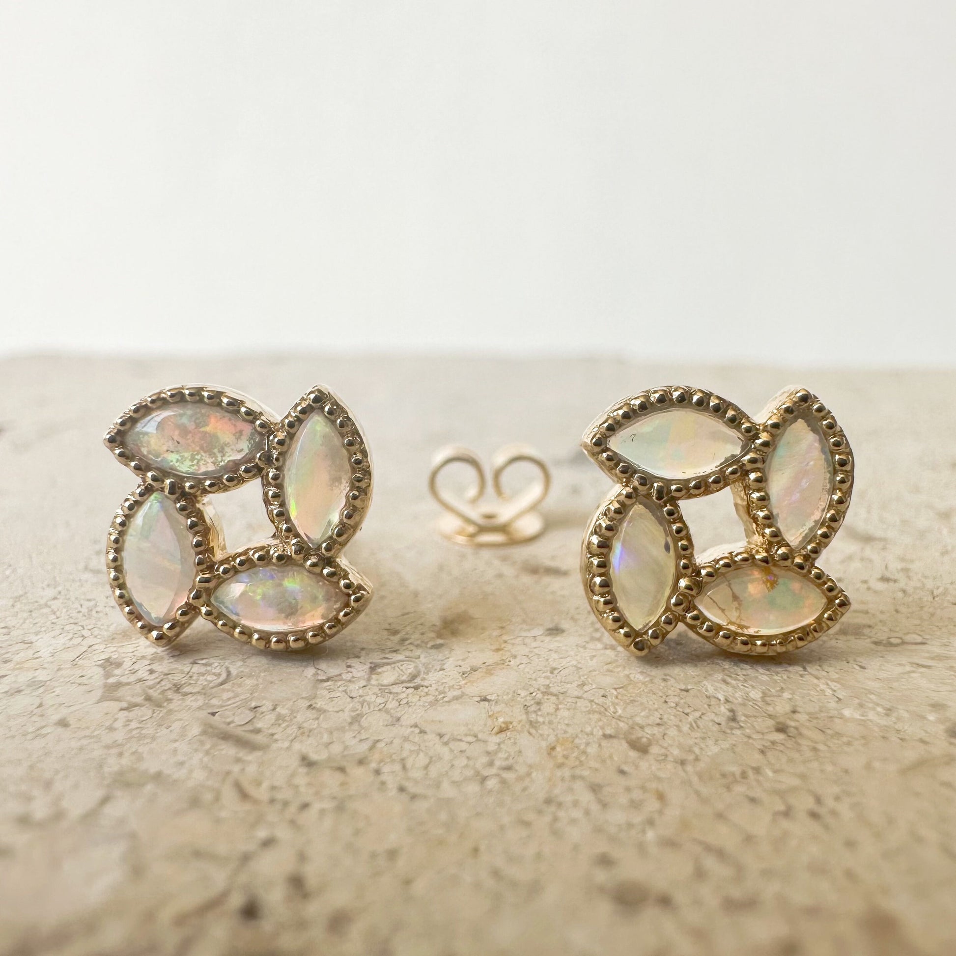 14K Solid Gold Genuine Marquise Shaped Opal Earrings/Pair