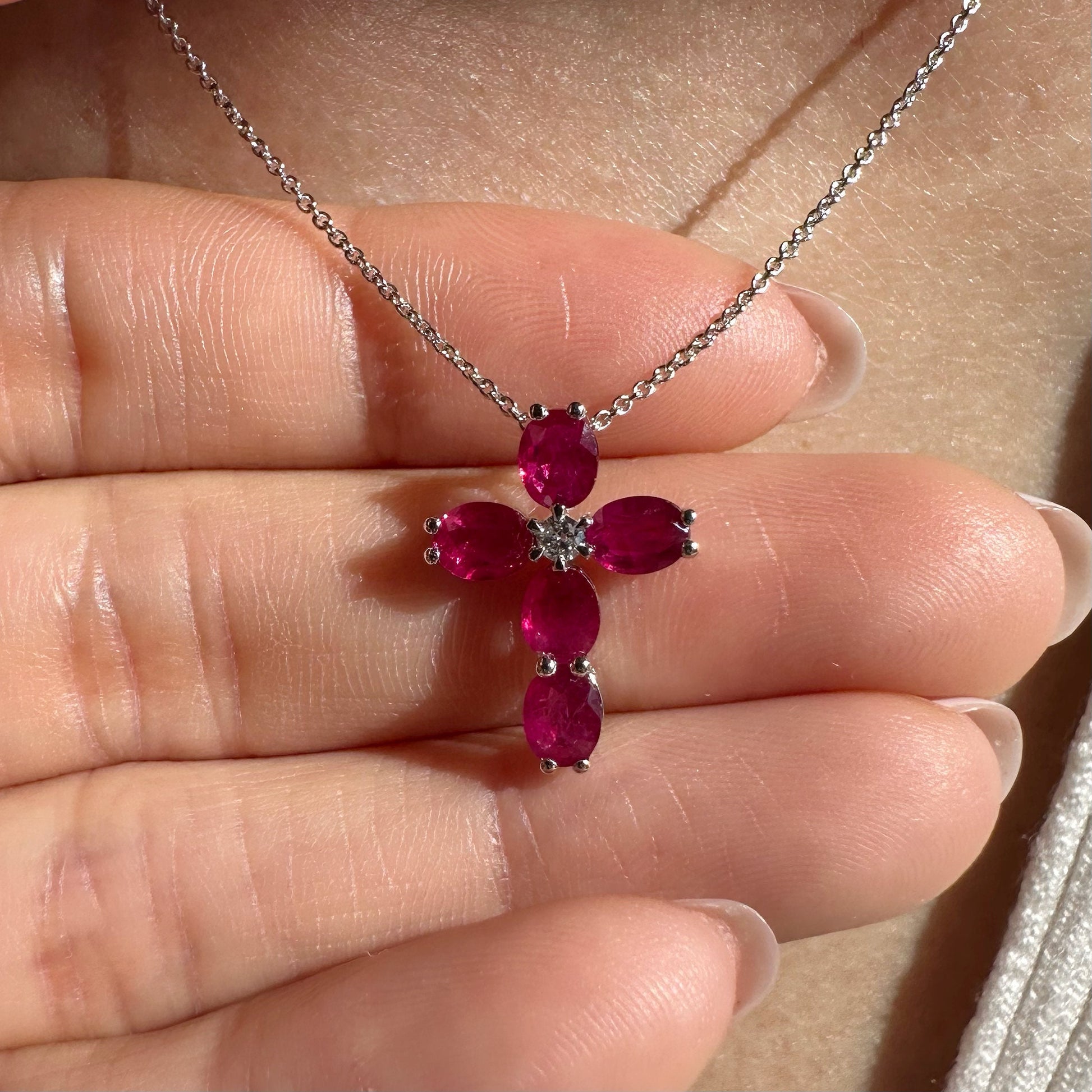 14K Solid Gold Genuine Ruby and Diamond Cross Pendant