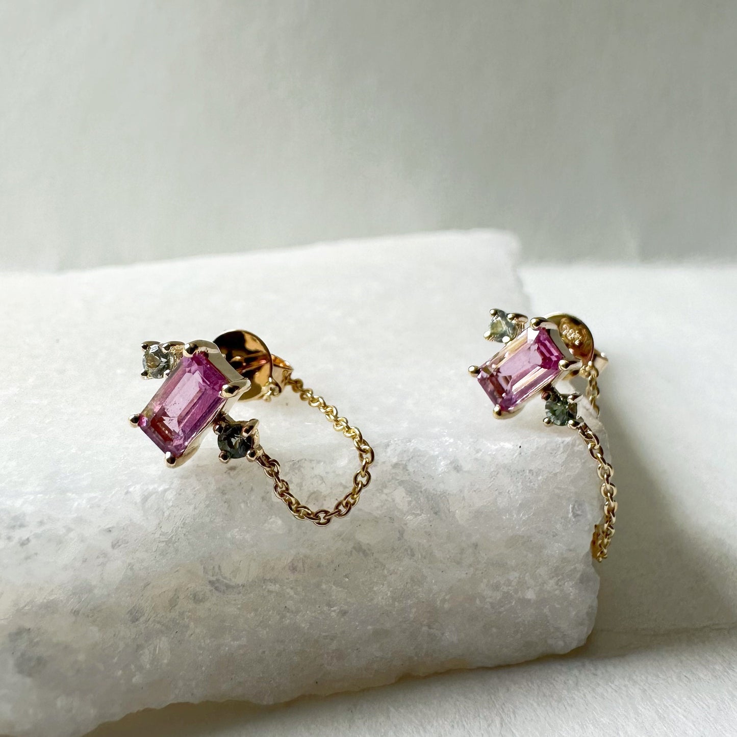 14K Solid Gold Genuine Pink Sapphire and Green Sapphire Chain Earrings