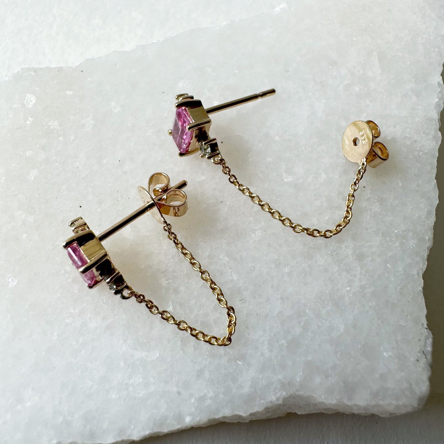 14K Solid Gold Genuine Pink Sapphire and Green Sapphire Chain Earrings