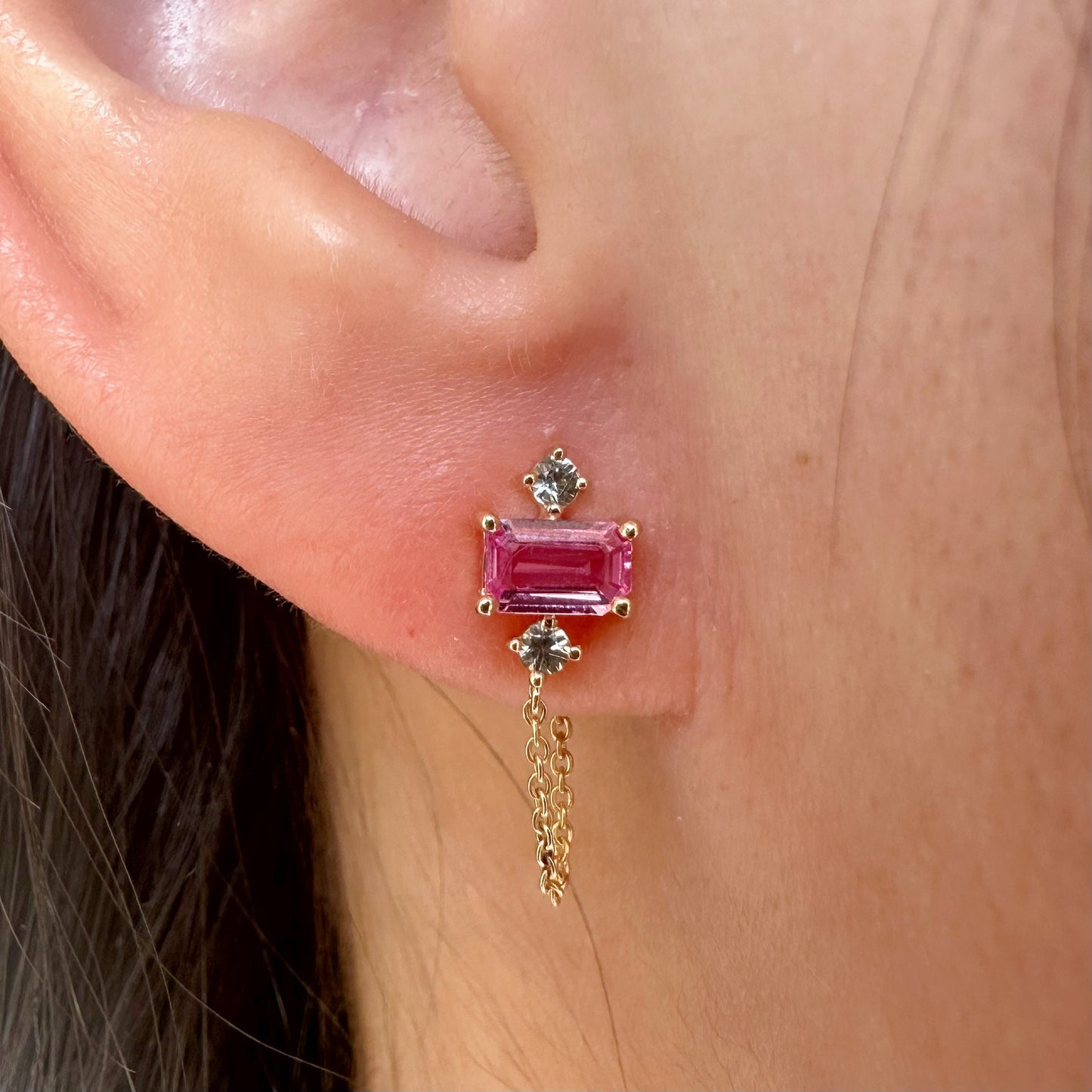 14K Solid Gold Genuine Pink Sapphire and Green Sapphire Chain Earrings