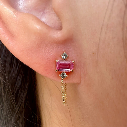14K Solid Gold Genuine Pink Sapphire and Green Sapphire Chain Earrings