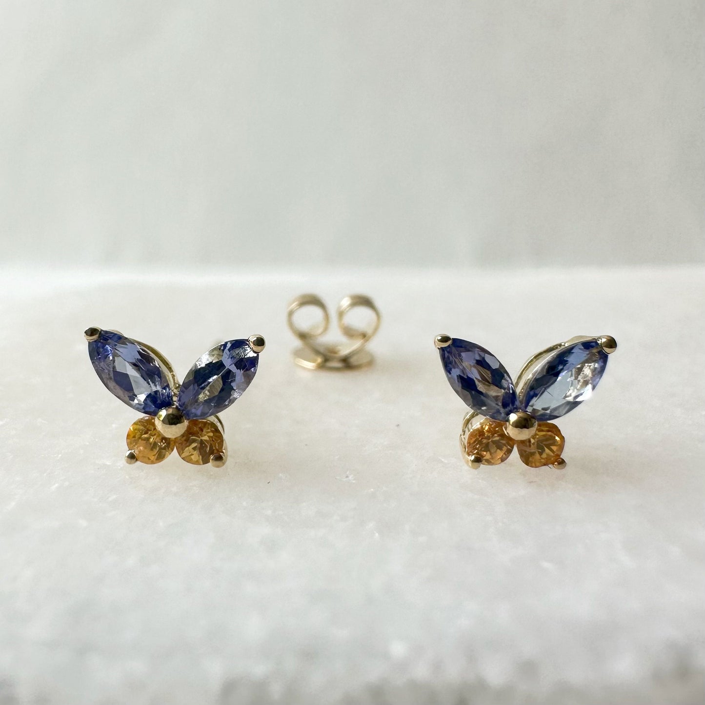 14K Solid Gold Genuine Tanzanite and Orange Sapphire Butterfly Studs/Pair