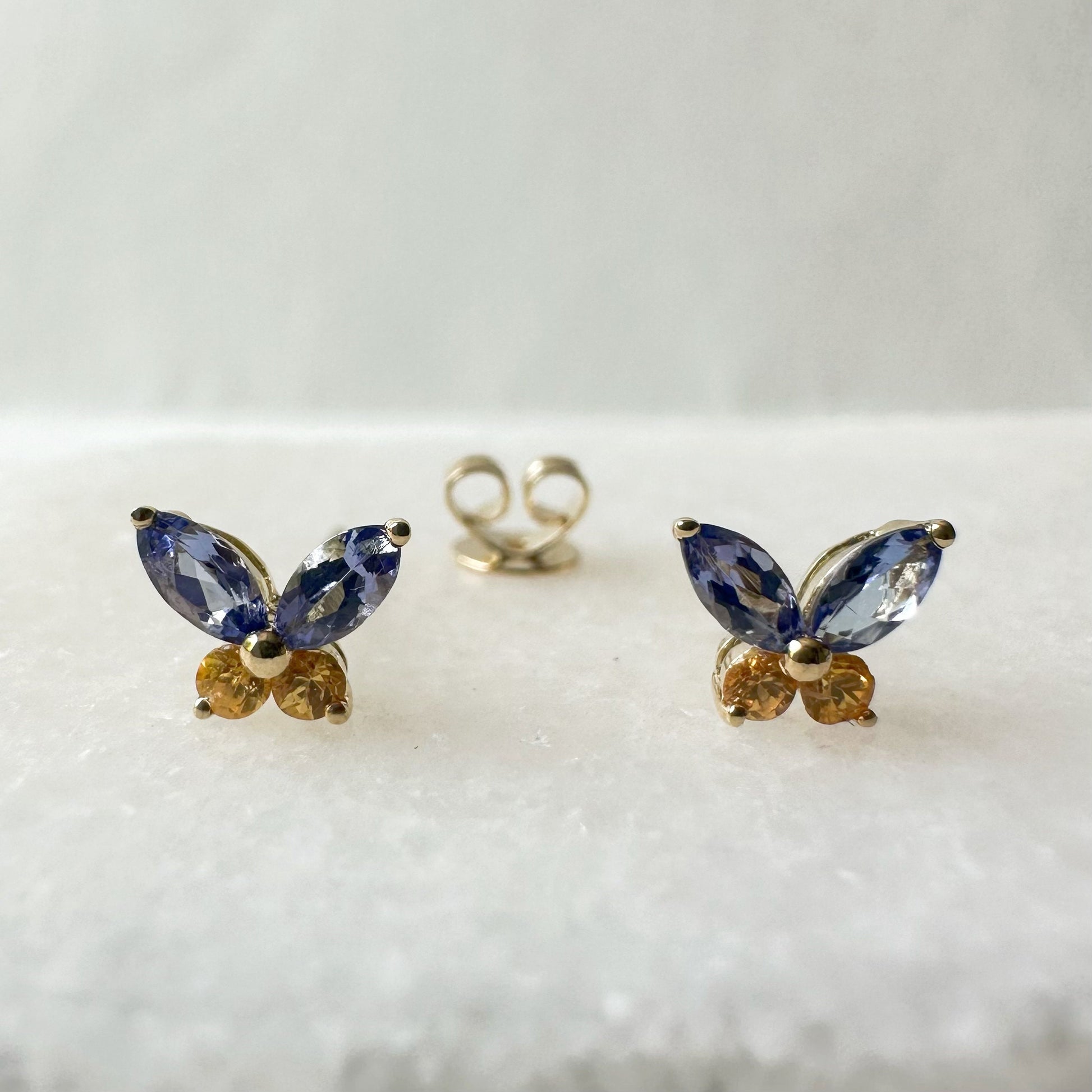14K Solid Gold Genuine Tanzanite and Orange Sapphire Butterfly Studs/Pair