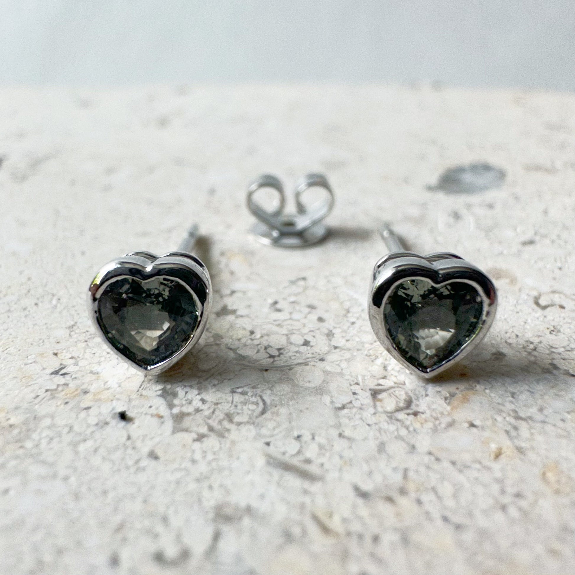 14K Solid Gold Genuine Green Sapphire Heart Studs/Pair